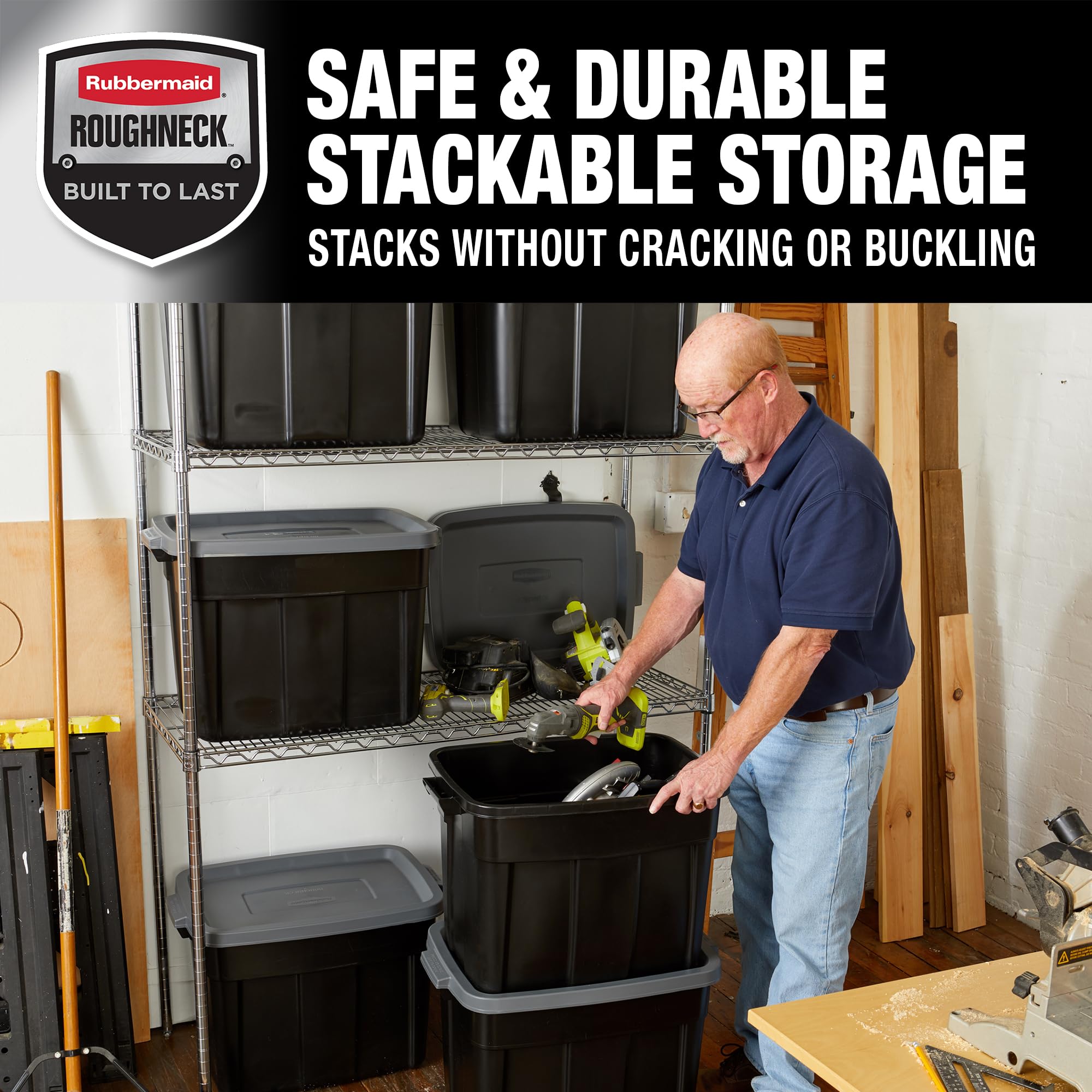 Rubbermaid Roughneck Tote 18 Gal - 6 Pack ,Made In The Usa, Black & Grey, Rugged Plastic Stackable Storage Tote With Lid And Han