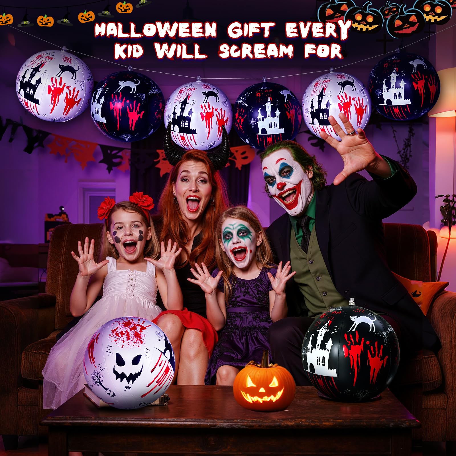 10 PCS 11.8 inch Hanging Halloween Decorations Ball Set, Inflatable Hanging Halloween Ornament Balls with Bloody Handprints, Hau