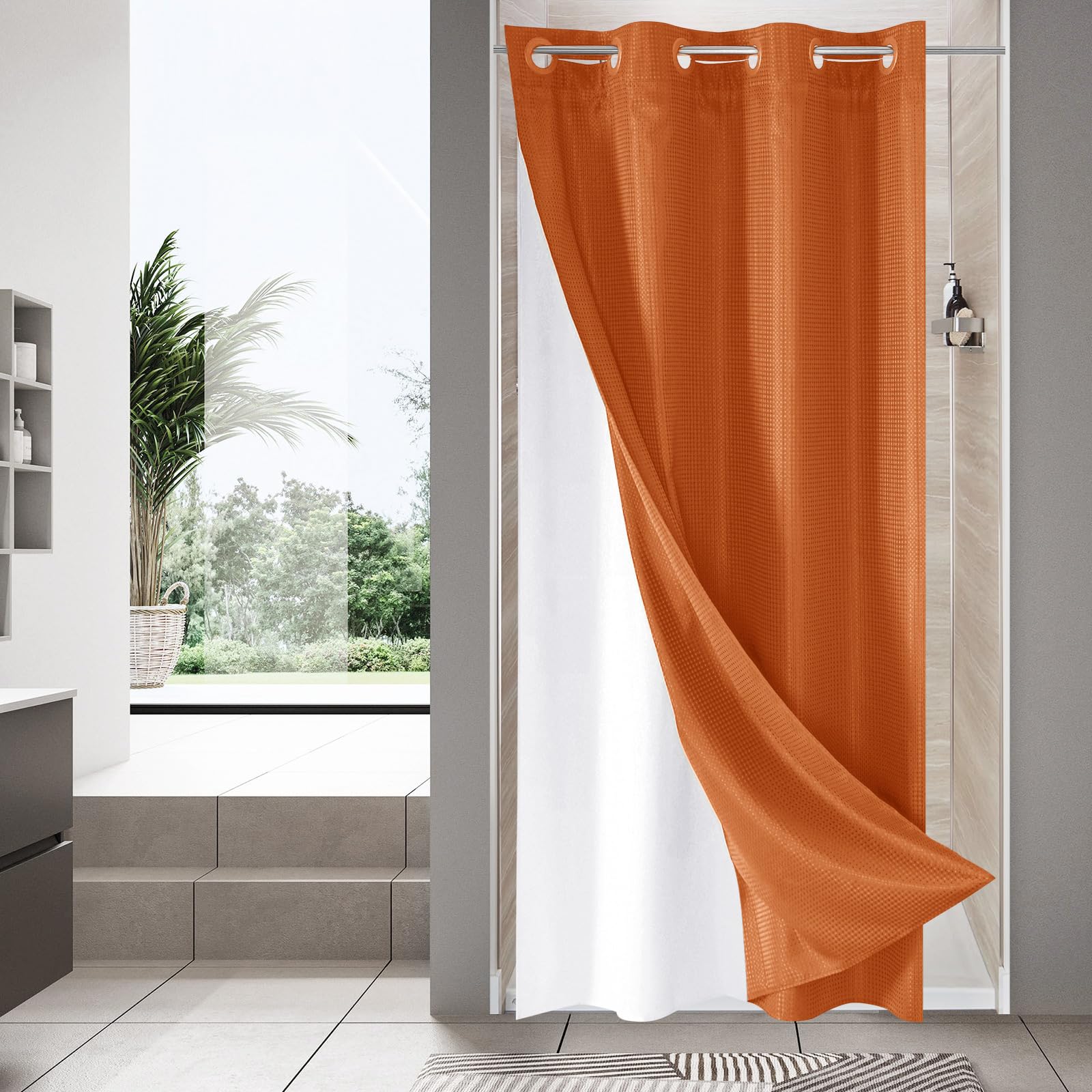 Mitovilla Orange Waffle Small Stall Shower Curtain 36 X 74, No Hooks Required Half Size Narrow Fabric Cloth Shower Curtain Set W