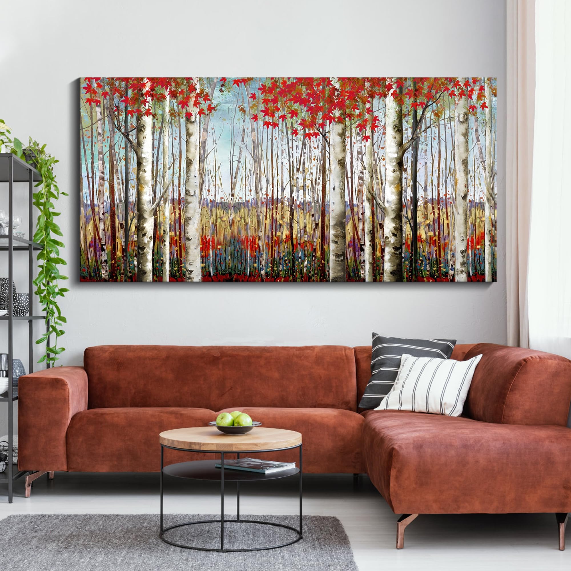 Canvas Wall Art For Living Room Bedroom Modern Wall Decor Of Red Leaves White Birch Tree Forest Giclee Print Painting Artwork Wa