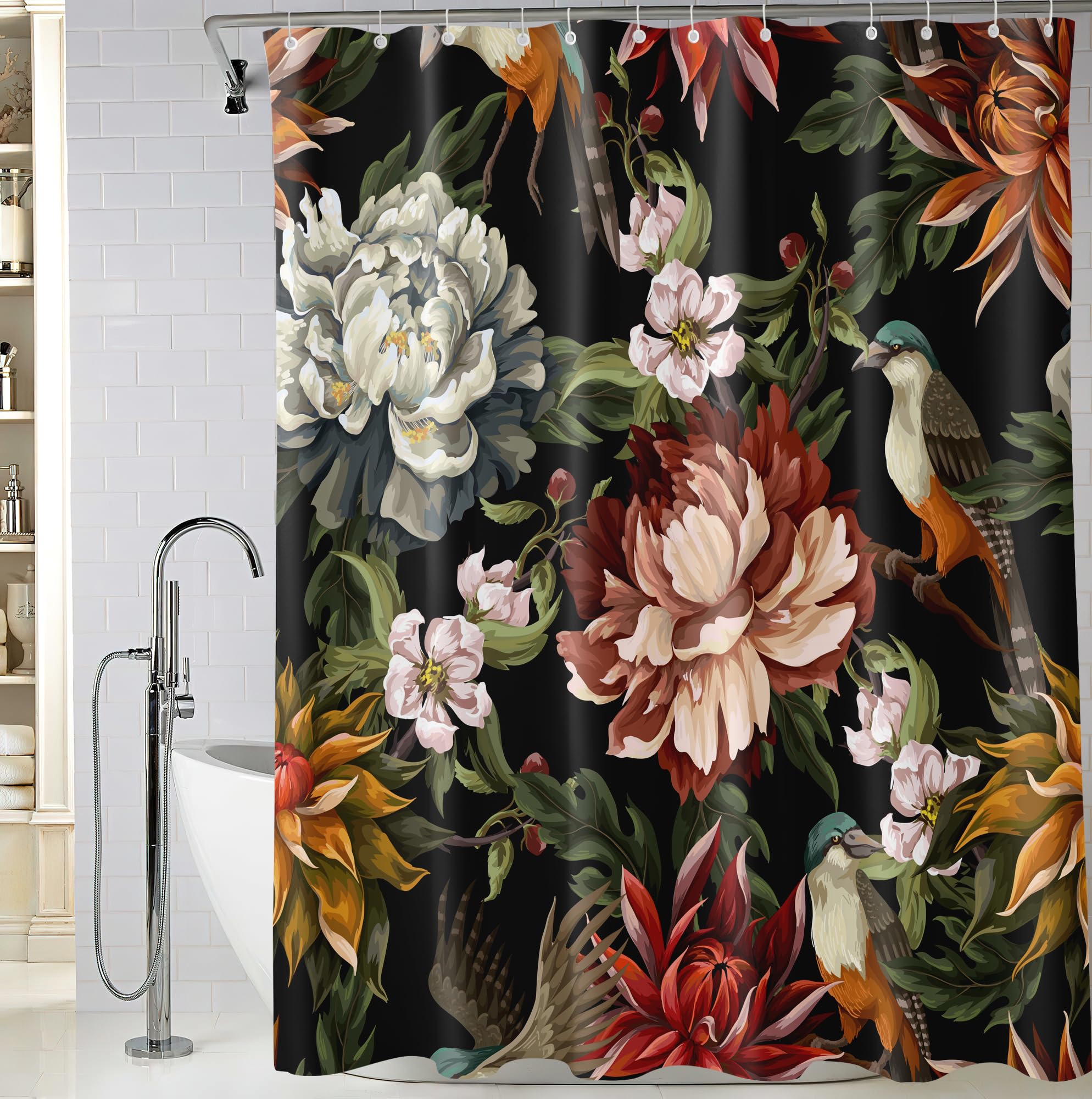 Bivinar Extra Long Vintage Peonies Roses And Birds Shower Curtain 72 X 84 Inch, Waterproof Fabric Floral Bathroom Shower Curtain