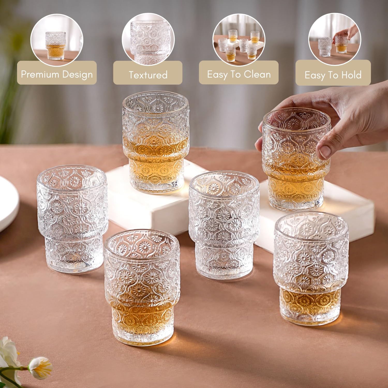 Nestasia Stackable Glasses Set of 6, Lead-Free Chip Resistant Thick Walled Drinking Glassware, Floral, 200ml each