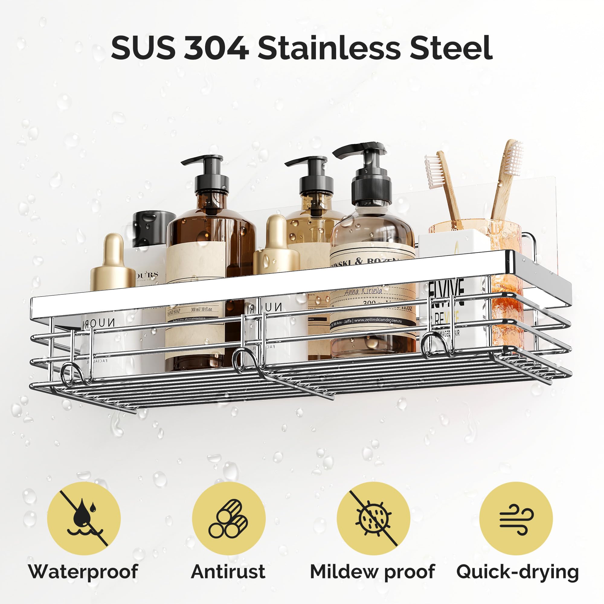 Orimade Adhesive Shower Caddy Soap Dish Holder Shelf with 5 Hooks Bathroom Organizer Basket Kitchen Storage Rack Wall Mounted No Drilling Stainless Steel - 3 Pack Silver