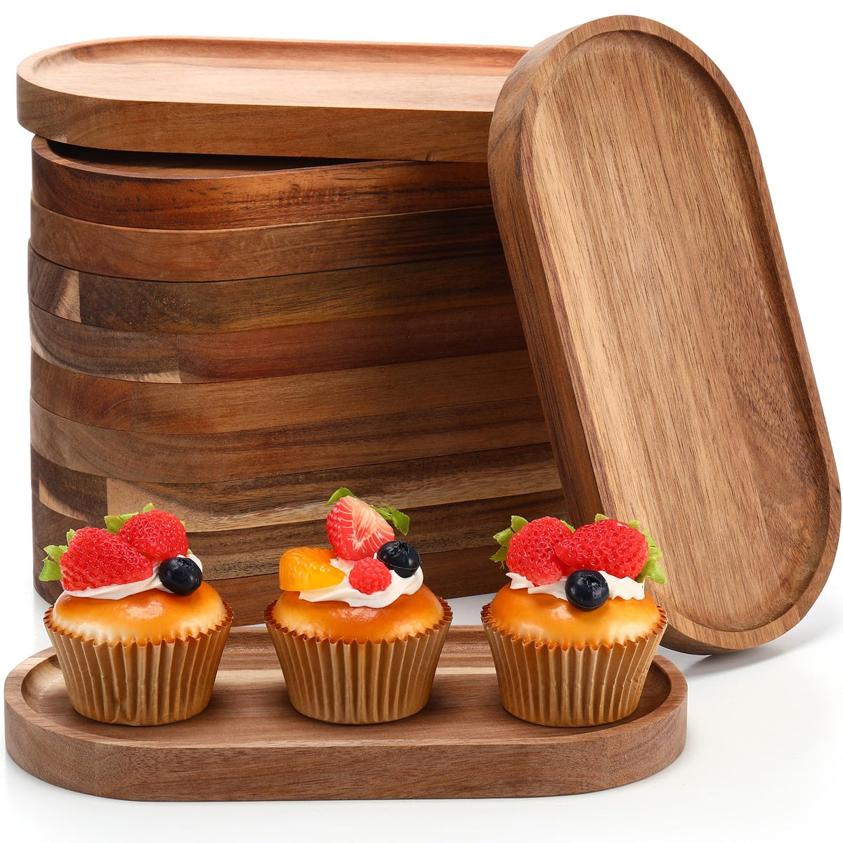 Geetery 12 Pcs Acacia Wooden Serving Trays 10 Inch Oval Wood Platter Wooden Serving Platter Oval Charcuterie Plates Board Wood C