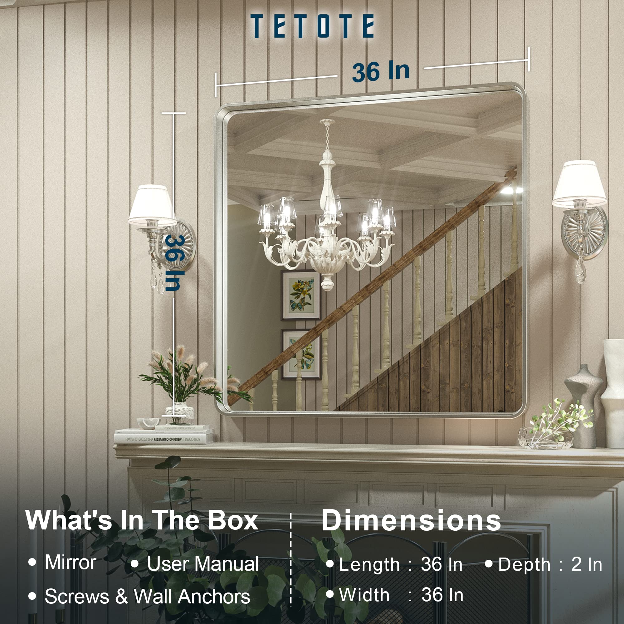 Tetote Silver Bathroom Mirror, 36 X 36 Inch Wall Mounted Square Brushed Nickel Metal Framed Modern Farmhouse Decorative Vanity M