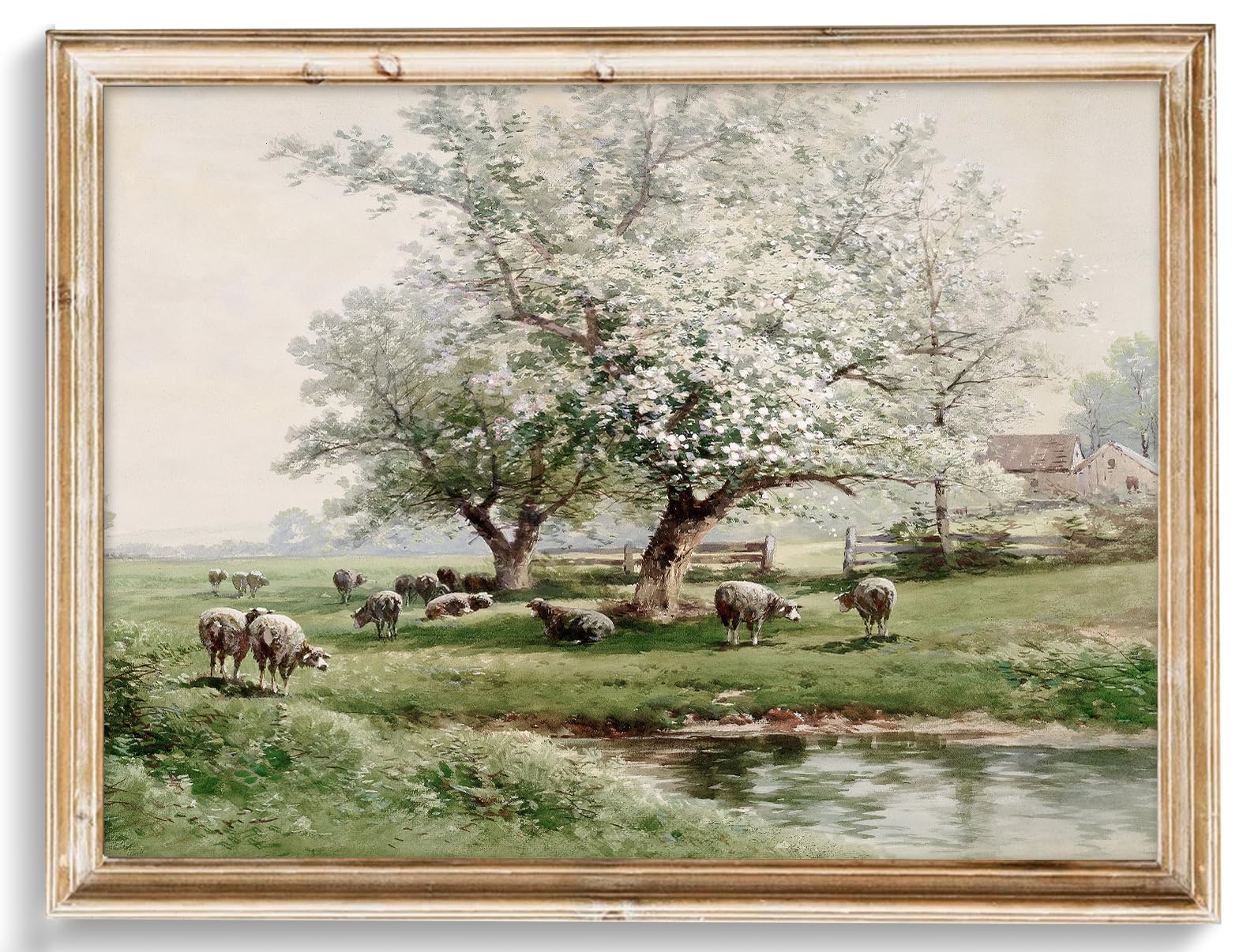 Vintage Wall Art Prints For Home Decor, Farmhouse Spring Landscape Wall Decor, Rustic Sheep Pasture Canvas Prints Vintage Oil Pa