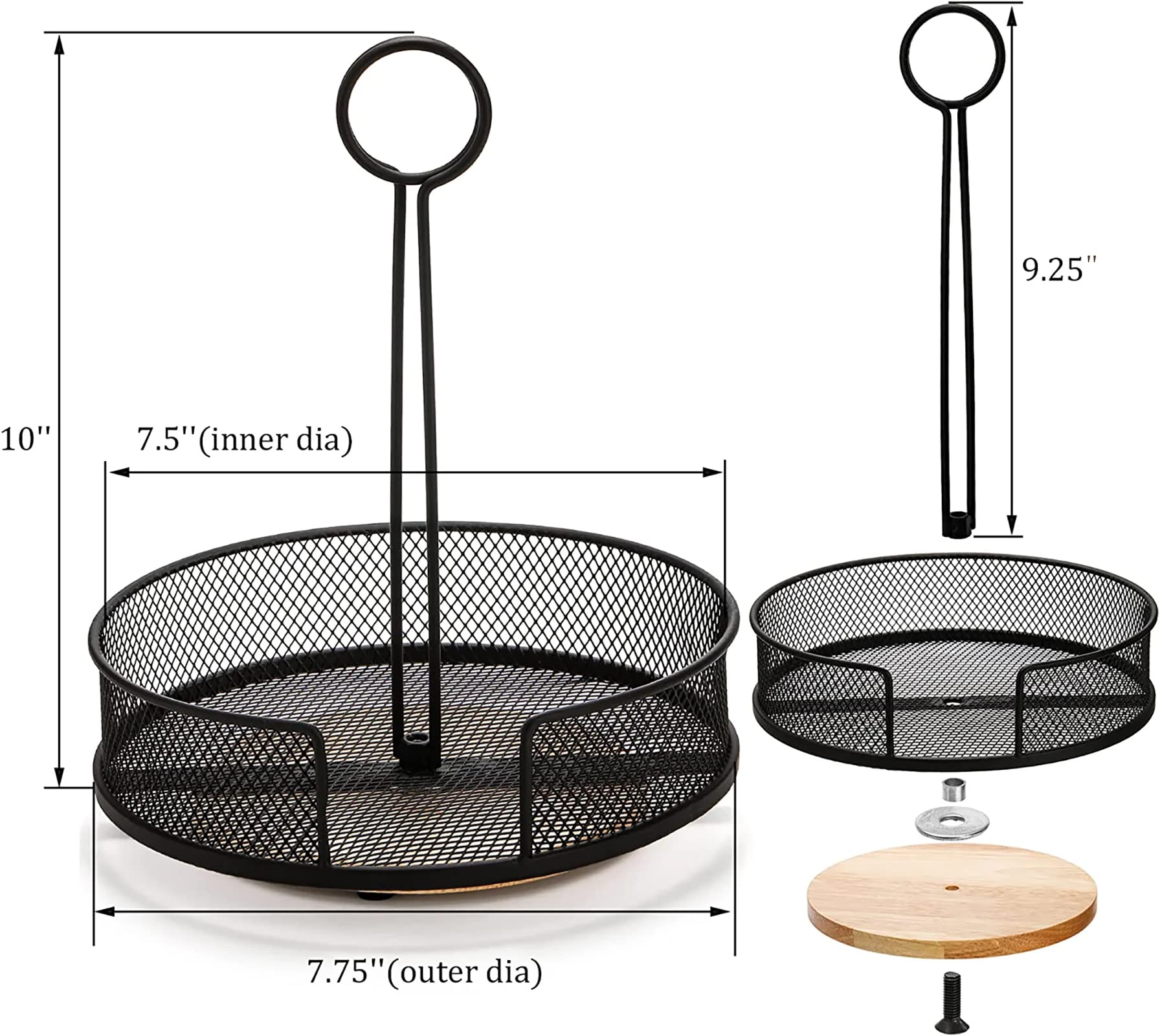 Yesland 2 Pack Metal Rotating Condiment Caddy With Number Card Holder, 7.75 Inch Round Table Caddy With Wooden Base Black Coated