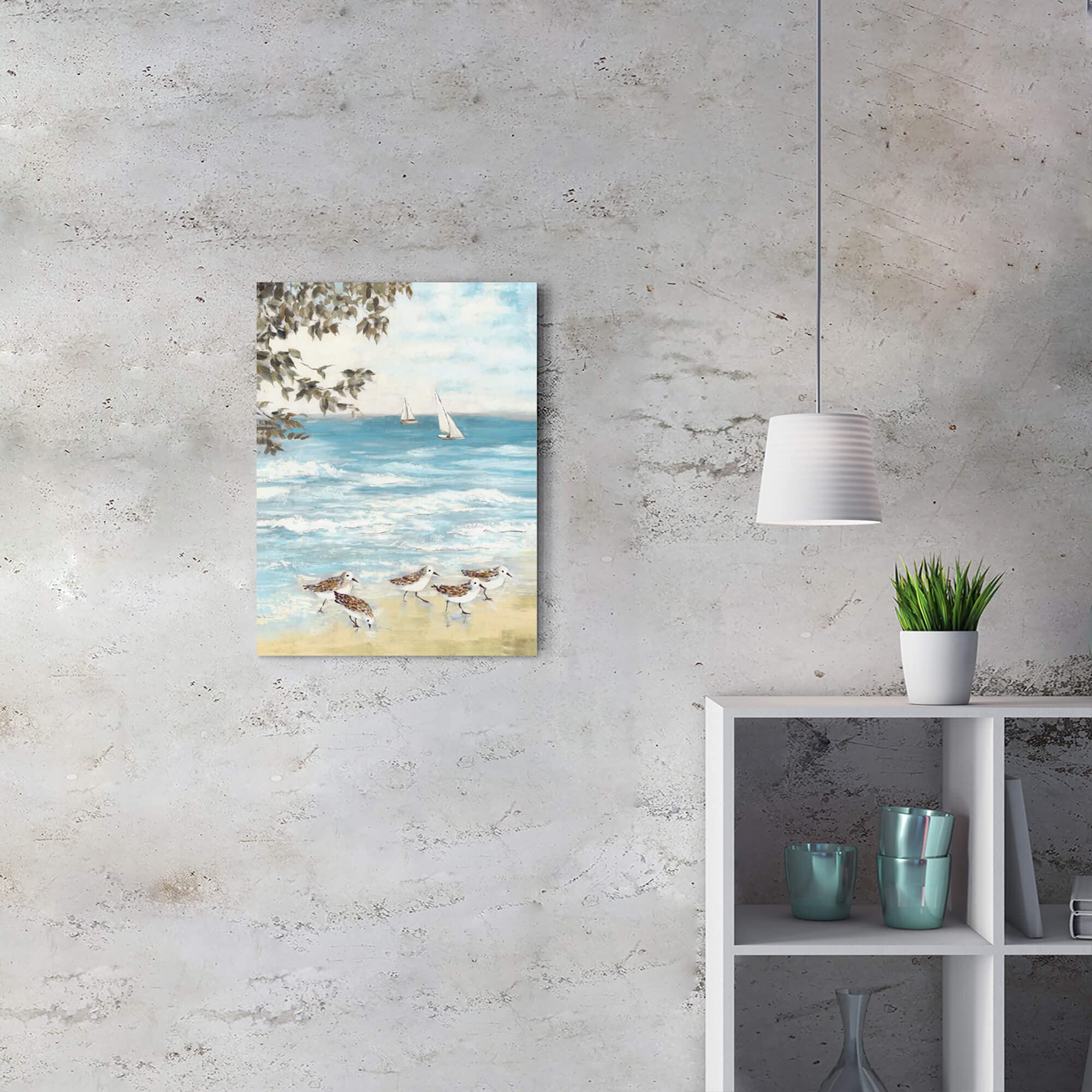 Summer Melody Beach Sandpiper Painting Wall Art: Coastal Sea Bird Canvas Abstract Ocean Artwork For Bedroom Seashore Seagull Pic