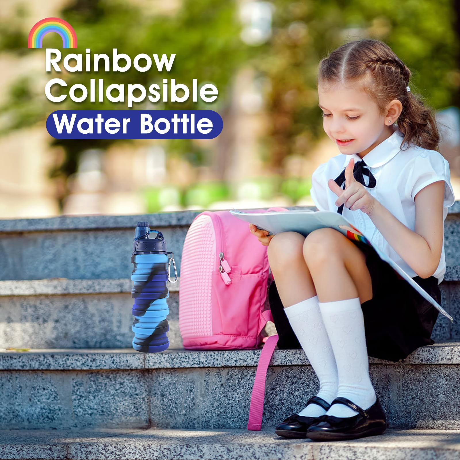 MAKERSLAND Rainbow Collapsible Water Bottles for Kids  Students  Adults  Reusable BPA Free Silicone Foldable Sports Water Bottles for Travel Camping Hiking  Folding Travel Water Bottles  Ocean Blue