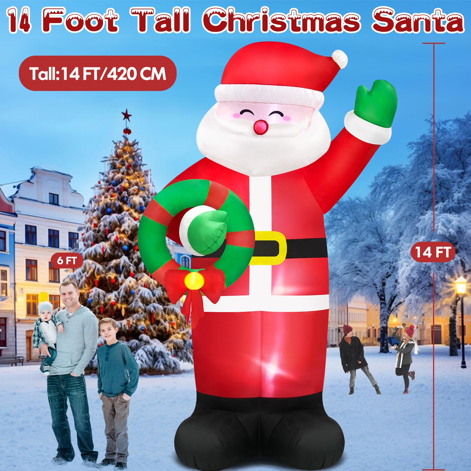 Danxilu 14FT Giant Christmas Inflatables Santa Claus with Wreath Built-in LED Lights, Blow Up Inflatable Christmas Decorations O