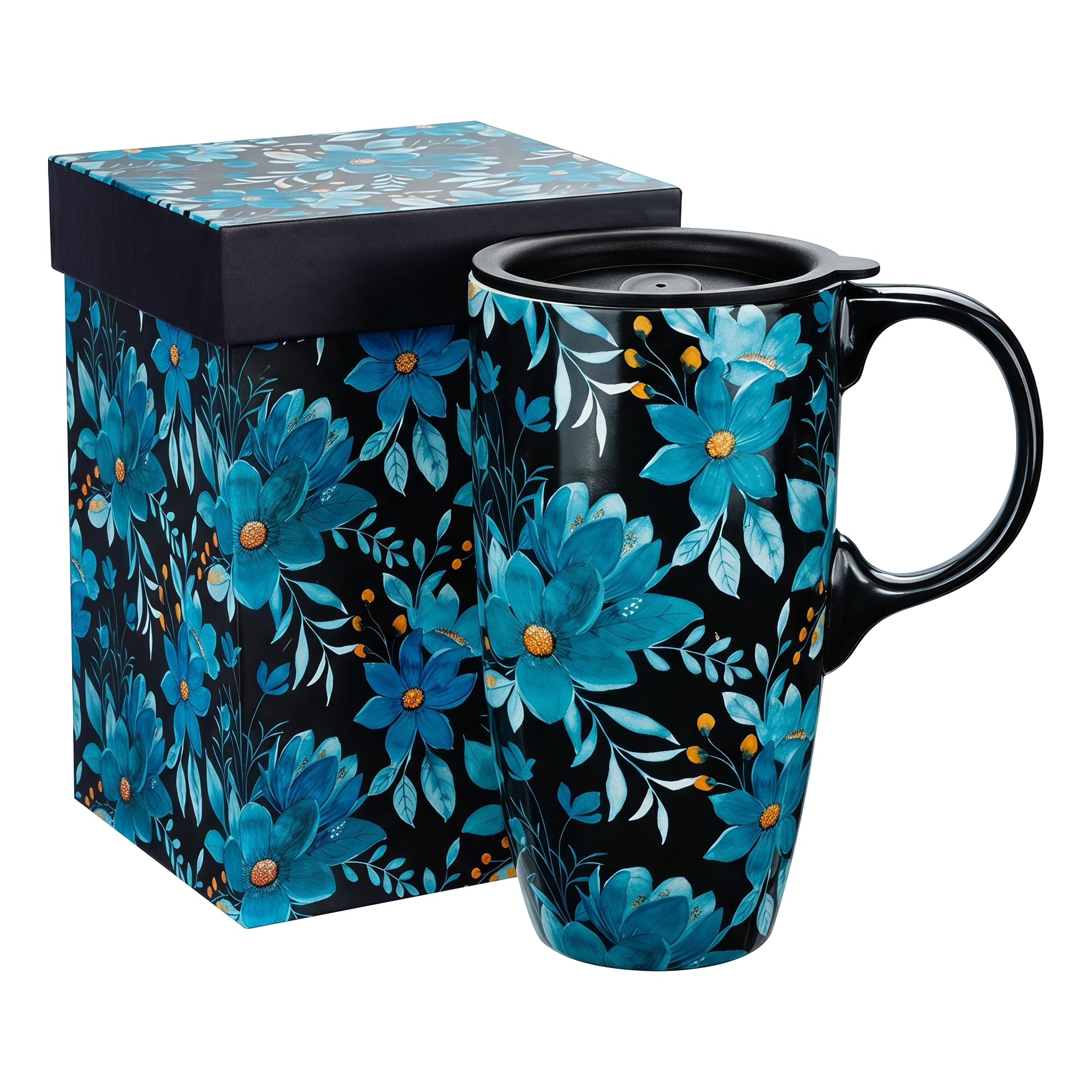 Topadorn Coffee Mug Travel 17oz Large Ceramic with Lid Blue Floral