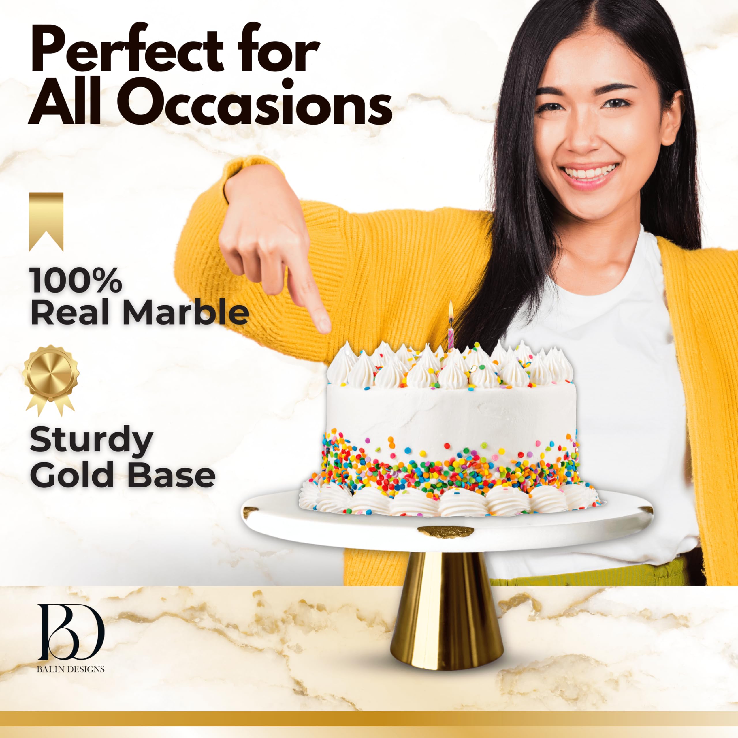 Real Marble Cake Stand By Balin Designs - White Marble 12'' Round Cake Stand With Gold Stand - Smoothly Versatile Cake, Cupcake