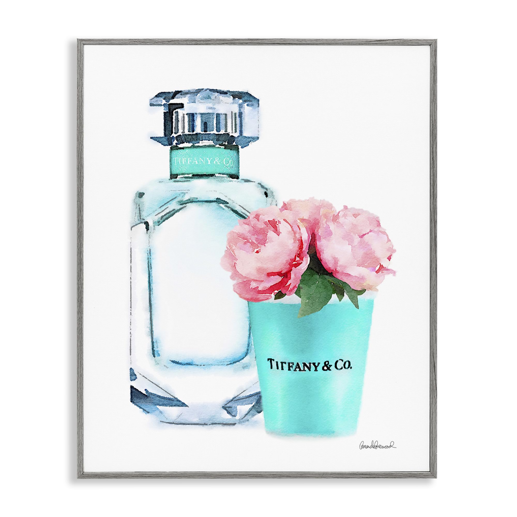 Stupell Industries Teal Perfume Bottle and Peonies, Framed Giclee Art, Gray, 11 x 14 Inches, Easy to Hang and Sturdy, Made in 
