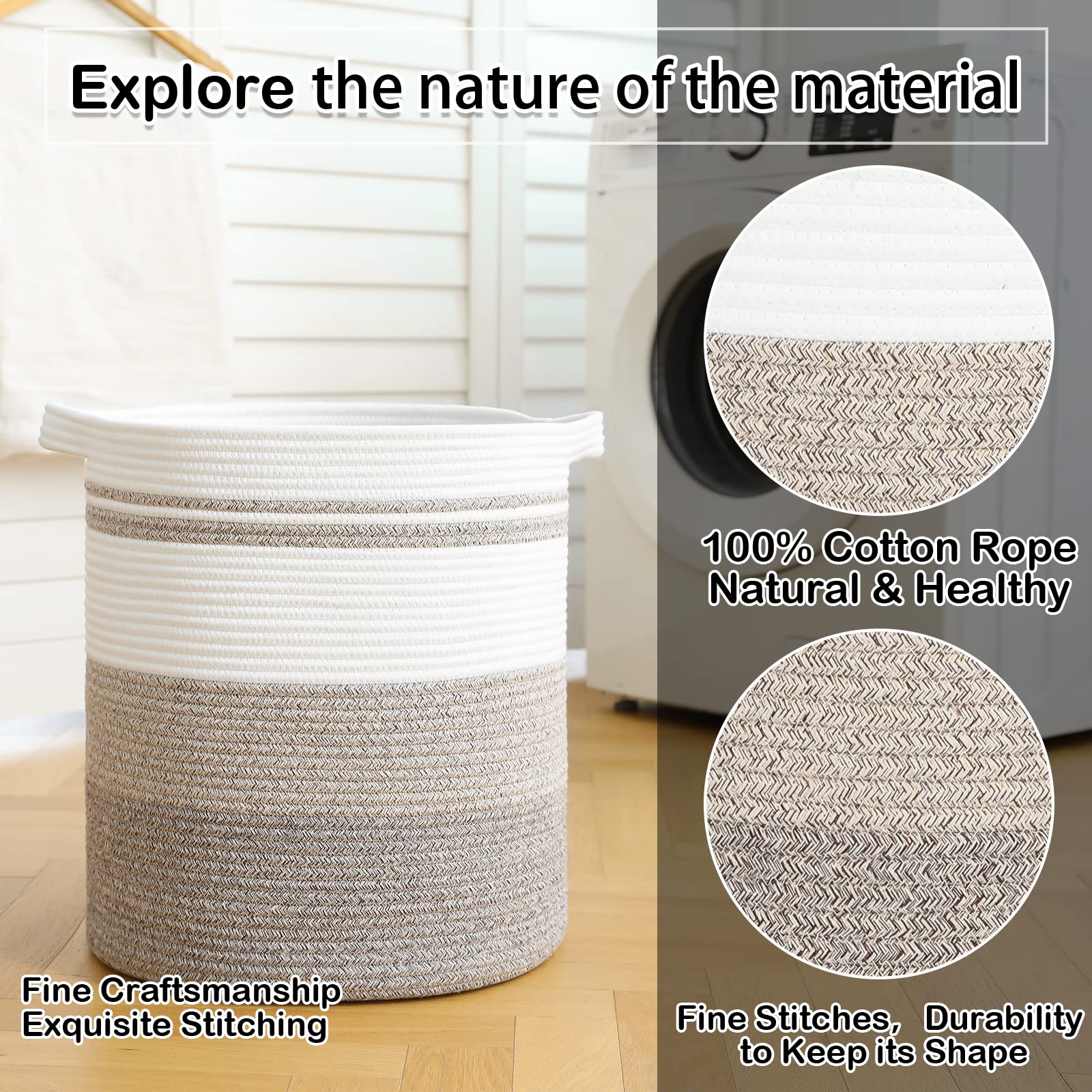 OIAHOMY 58L Laundry Baskets-Laundry Hamper  Storage Basket with Handles  Decorative Basket for Living room  Woven Storage Basket for Toys Bin  Pillows  Blankets  Clothes-18x16in-Gradient Brown