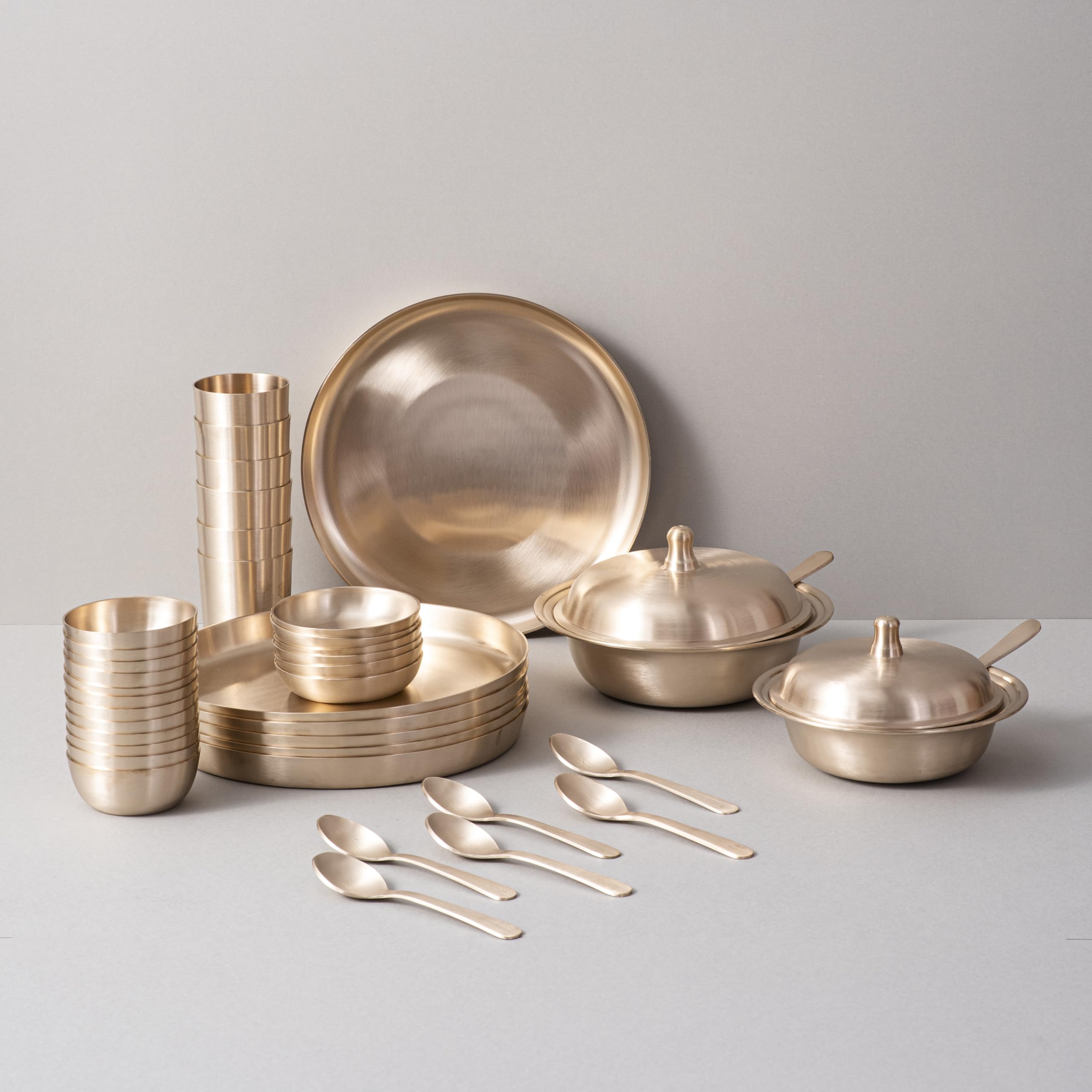 Veda Essentials. 40-Piece Kansa Dinner Set | Matte Finish | 6 Plate (10.5 Thali), 12 Bowls, 6 Glass, 6 Sweet Dish Plate, 6 Spoon