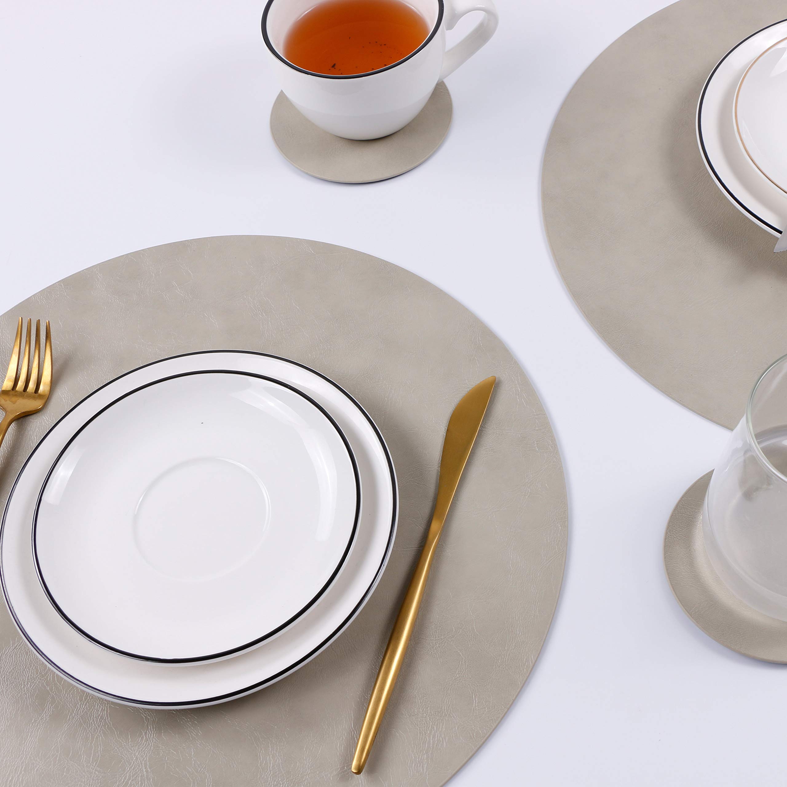 Set Of 8 Faux Leather Round Placemats And Coasters, Coffee Mats Kitchen Table Mats, Waterproof, Easy To Clean, For Kitchen Dinin