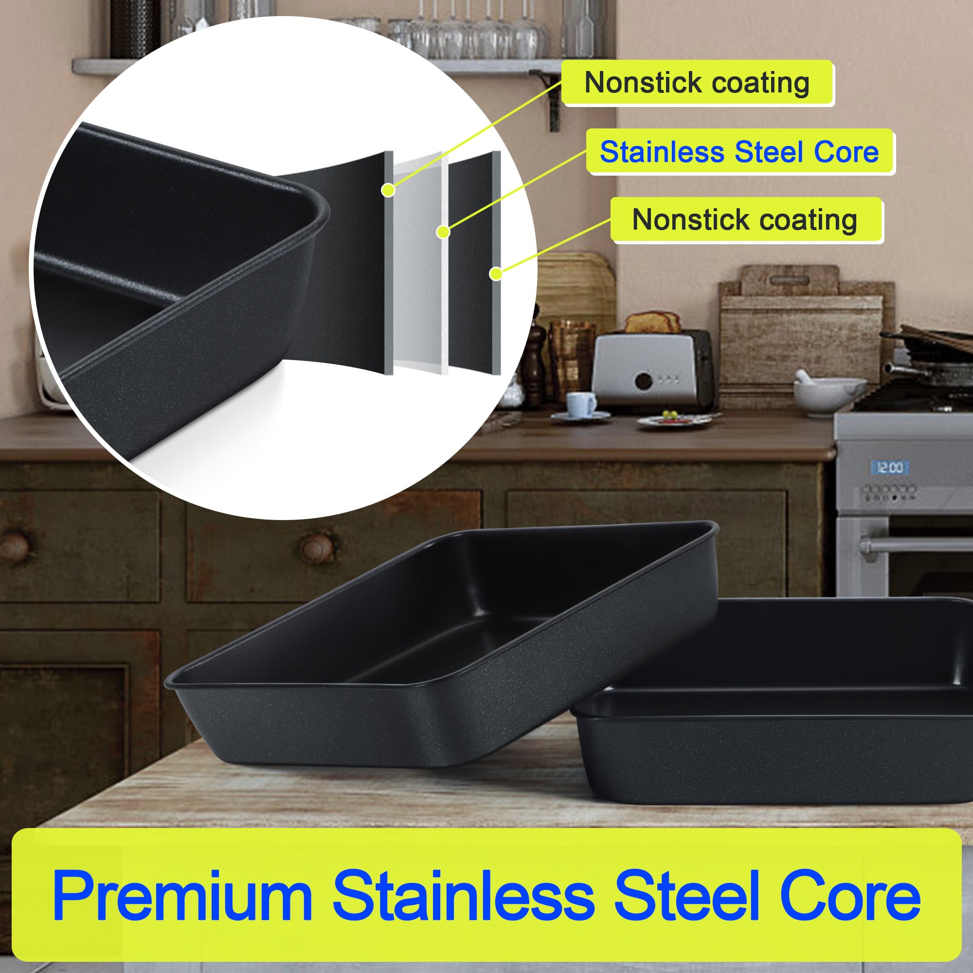 9X9 Inch Square Baking Pan With Lid Set, E-Far Nonstick Square Cake Pans Metal Bakeware For Oven Cooking Lasagna Brownies, Stain