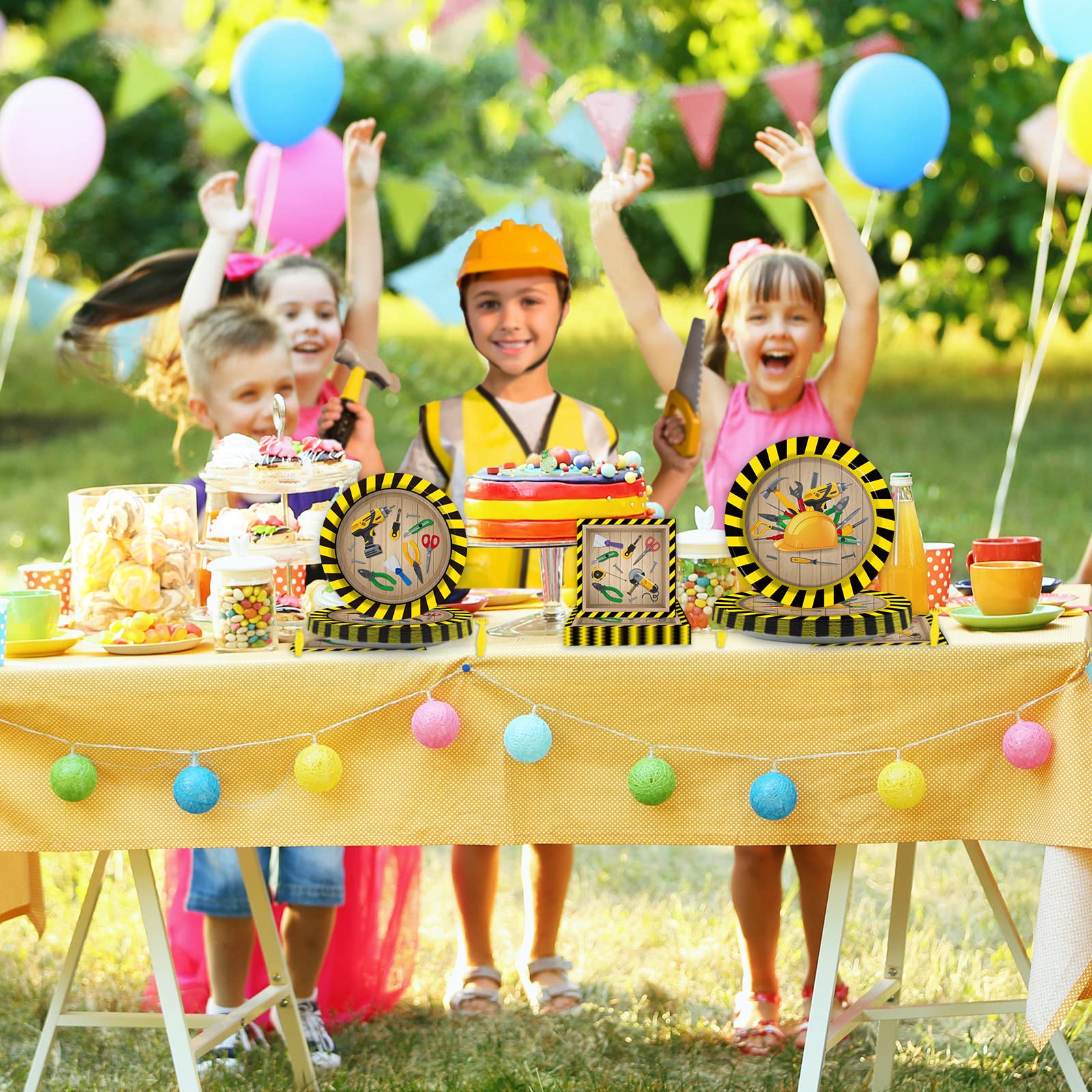 chiazllta 96 Pcs Handyman Tools Party Paper Plate and Napkins Construction Birthday Party Decorations Little Builder Handy Party Paper Plates Napkins Forks for Party Favors 24 Guests
