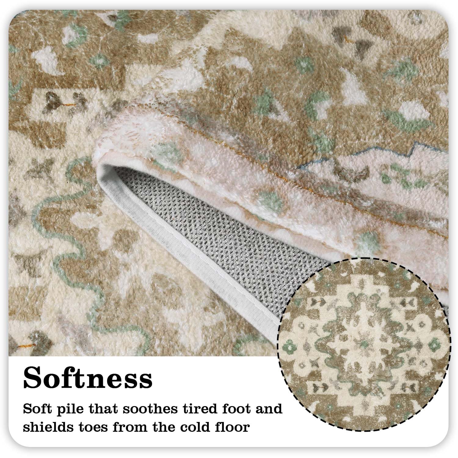 Uphome Boho Long Bathroom Rug Khaki Non-Slip Soft Bedroom Rug Oriental Tribal Machine Washable Kitchen Rug Farmhouse Floral Aest