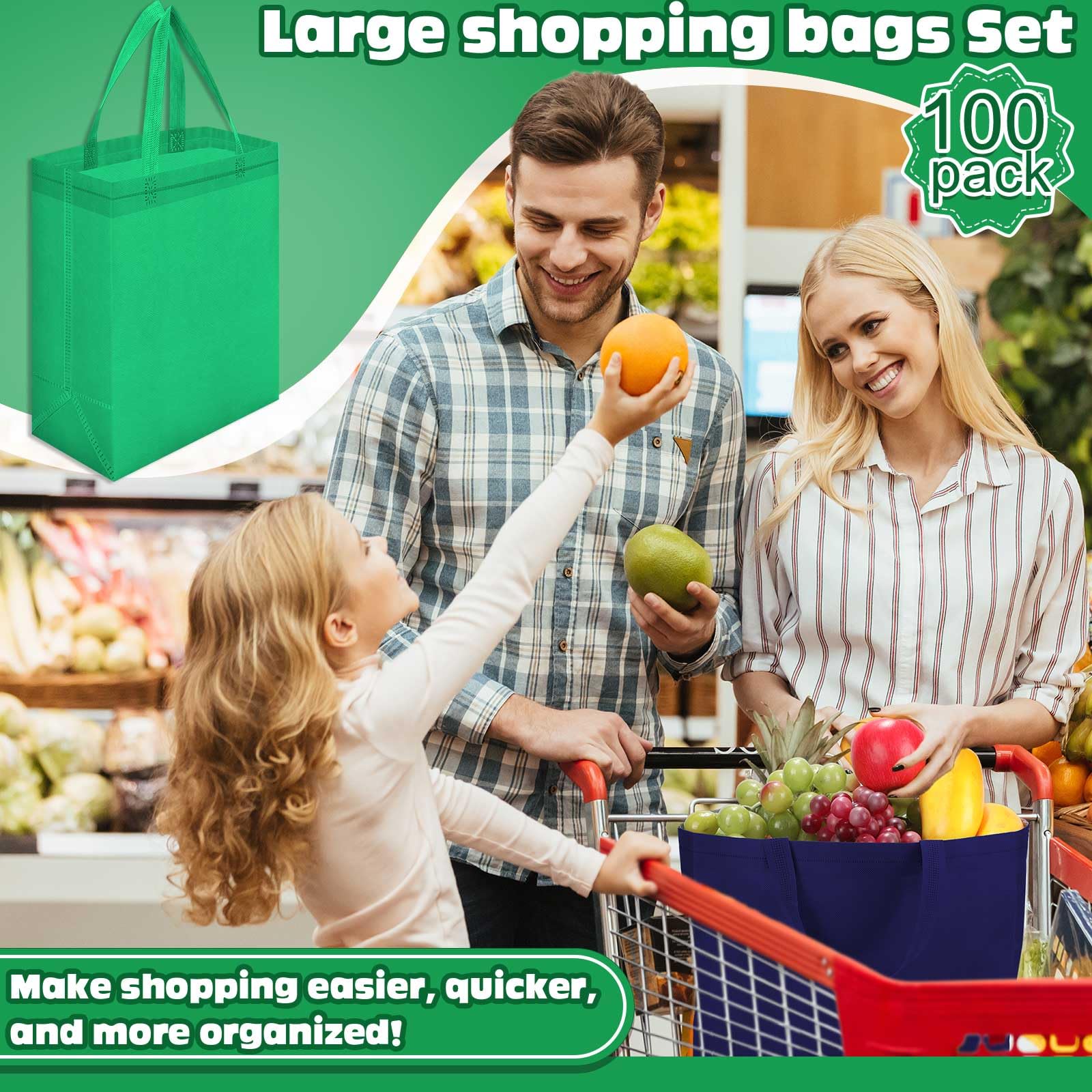 Windyun 50 Pcs Reusable Tote Bag Bulk 8 x 4 x 10 Inch Non Woven Shopping Bag with Handle Christmas Reusable Grocery Gift Tote(Gr