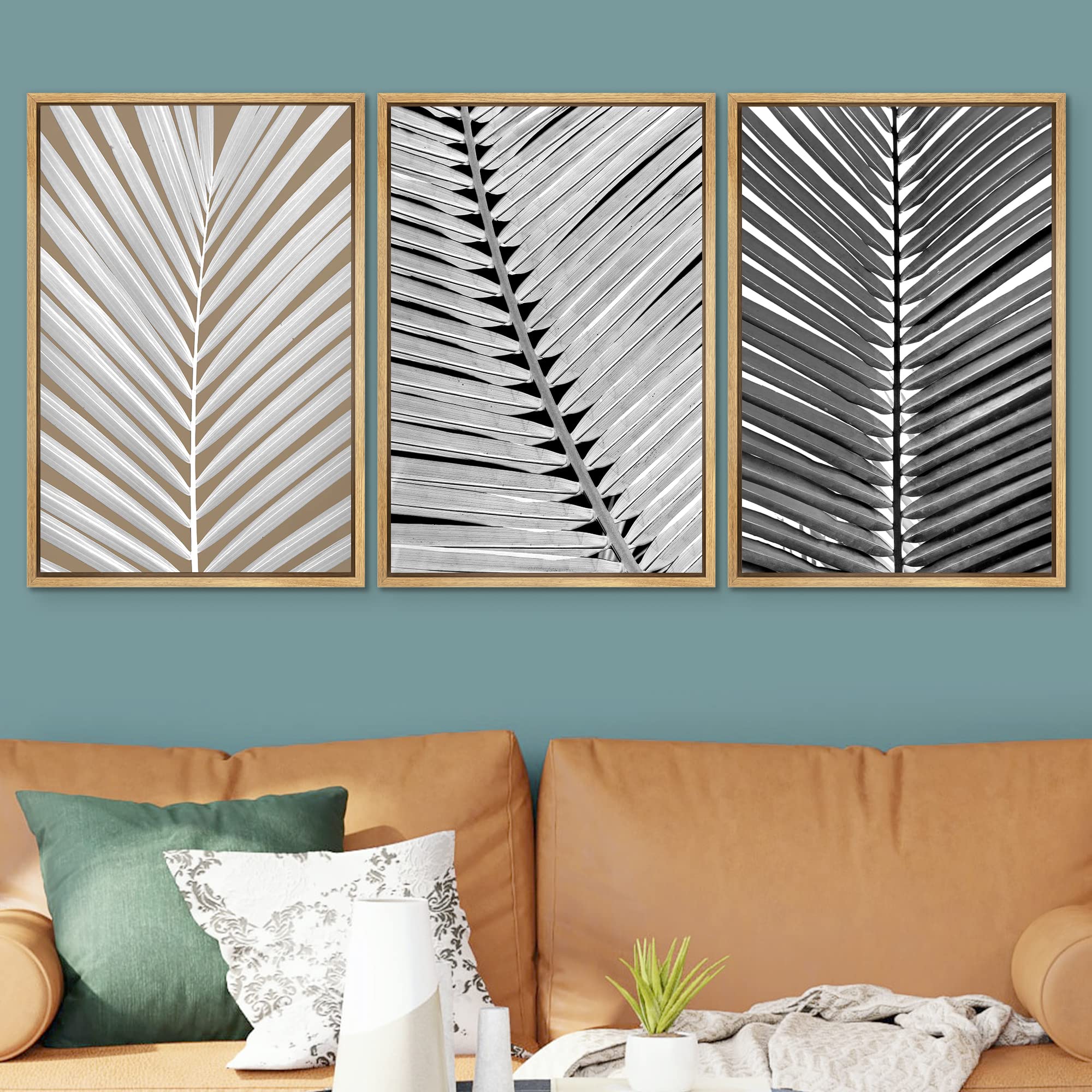 Signwin Framed Canvas Print Wall Art Set Black White Yellow Tropical Palm Leaf Nature Floral Mixed Media Modern Art Decorative C