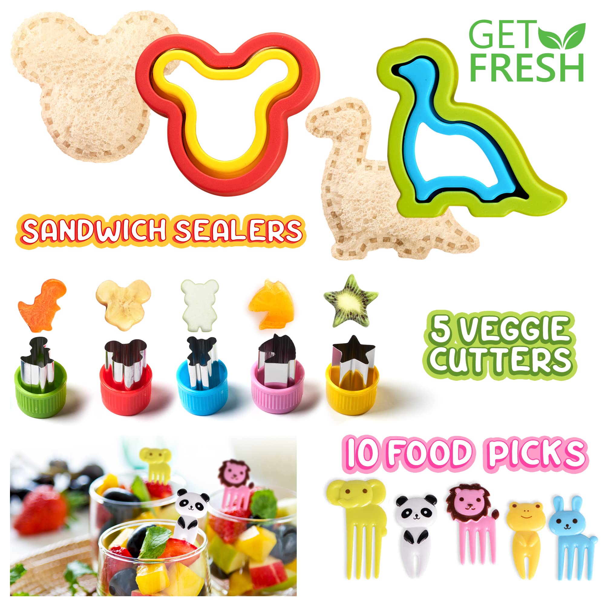 Get Fresh Sandwich Cutters And Sealers For Children - 17-Pcs Stainless Steel Sandwich Sealers And Veggie Cutters For Kids - Dino