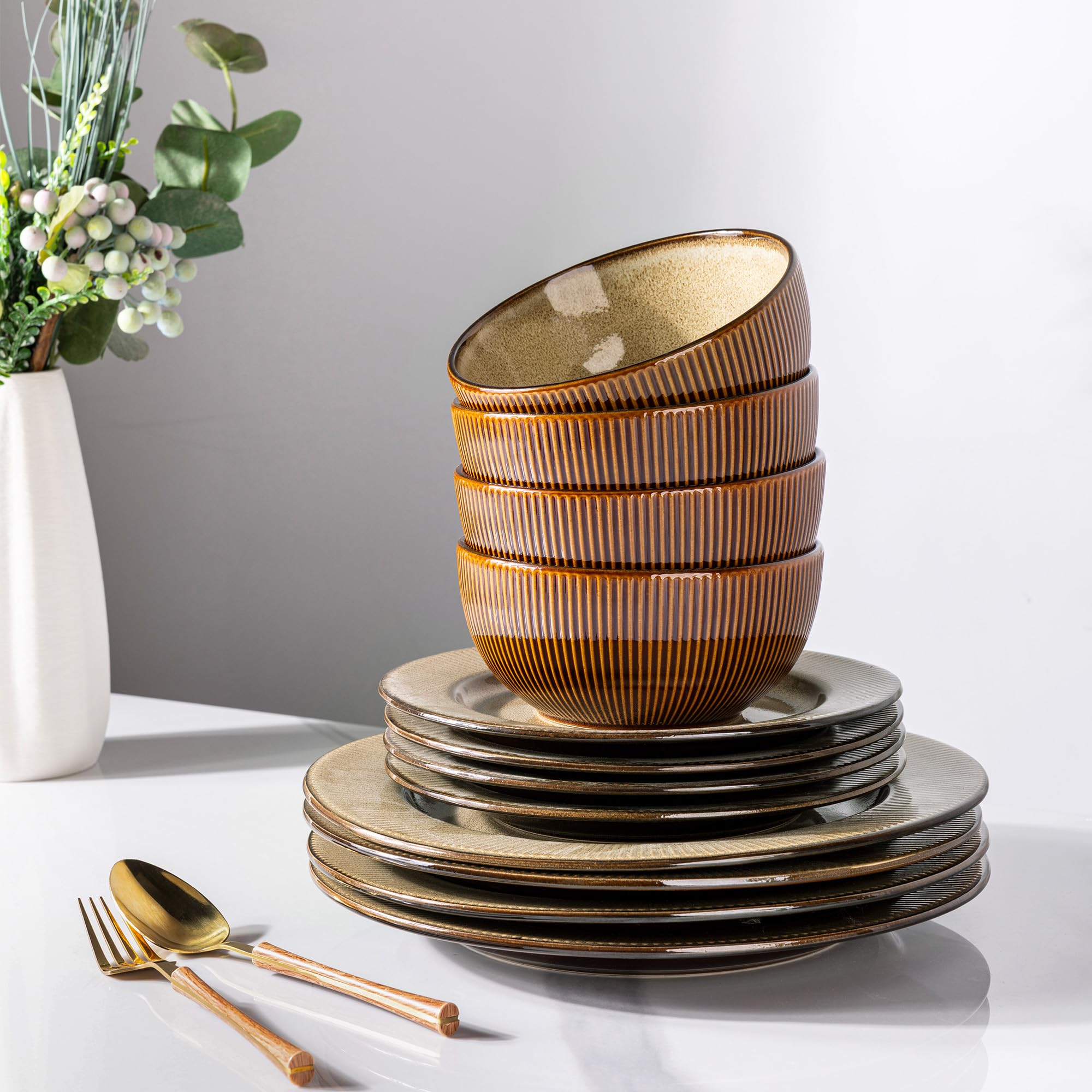 GBHOME Ceramic Dinnerware Sets,12 pcs Embossed Elegant Stoneware Plates and Bowls Sets, Housewarming Wedding Gift | Dishwasher &