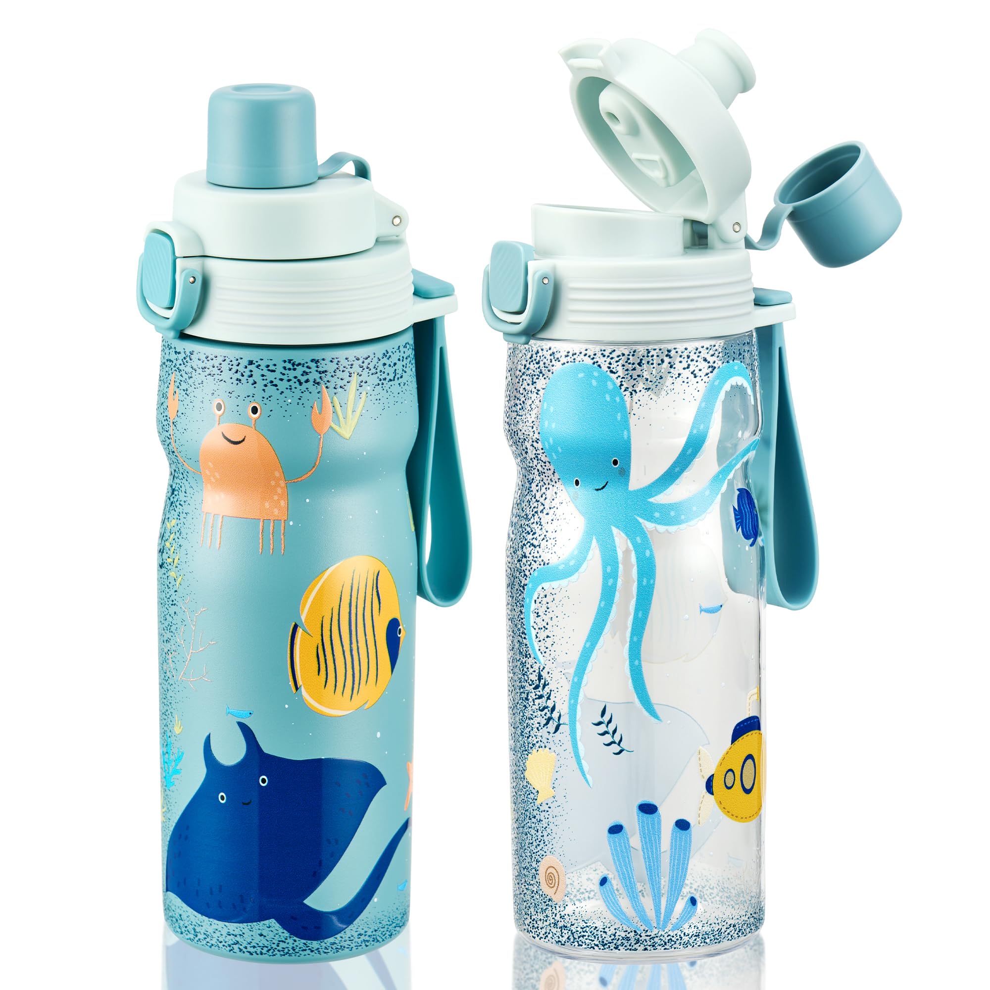 MAISON HUIS Kids Water Bottles 2 Pack, 18/8 Stainless Steel Vacuum Leak Proof Straw Cup with 21oz Tritan Sport Bottle, Kids Wate
