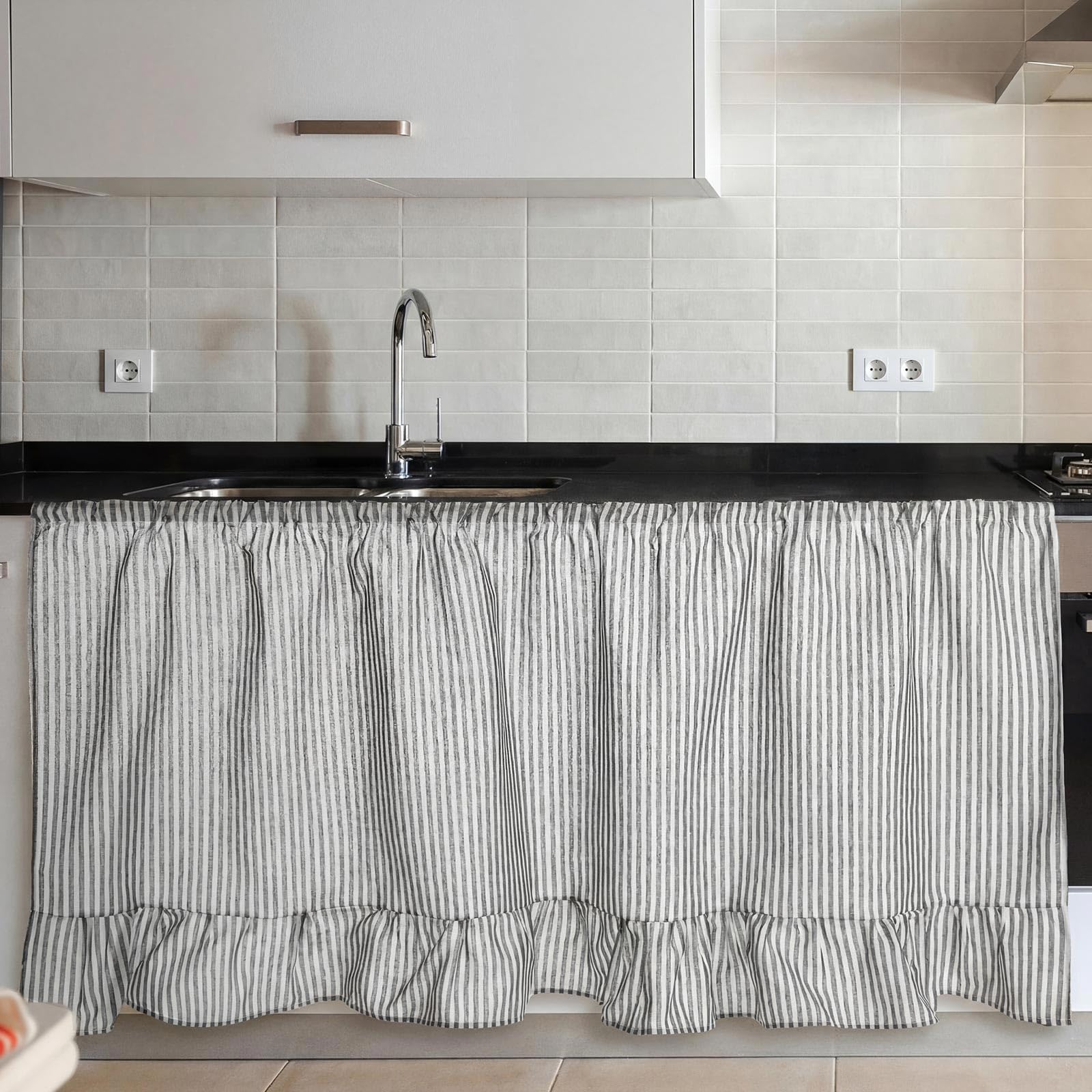 VitalCozy Cabinet Curtain 28 W x 51 L Grey Ruffles Sink Skirt for Bathroom Kitchen Grey Strips Short Curtain for Home Classroom 