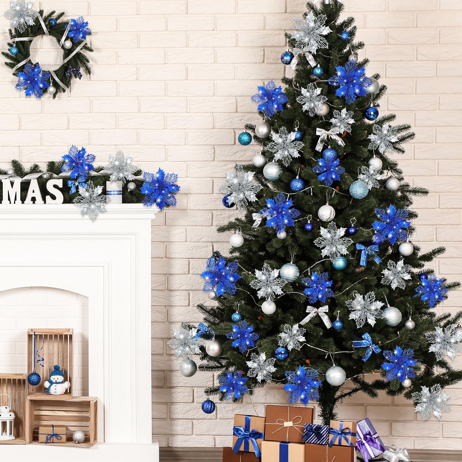 Boao 24 Pieces Blue and Silver Christmas Poinsettia Flowers Glitter with Clips Christmas Ornaments Decorations for Tree Artifici