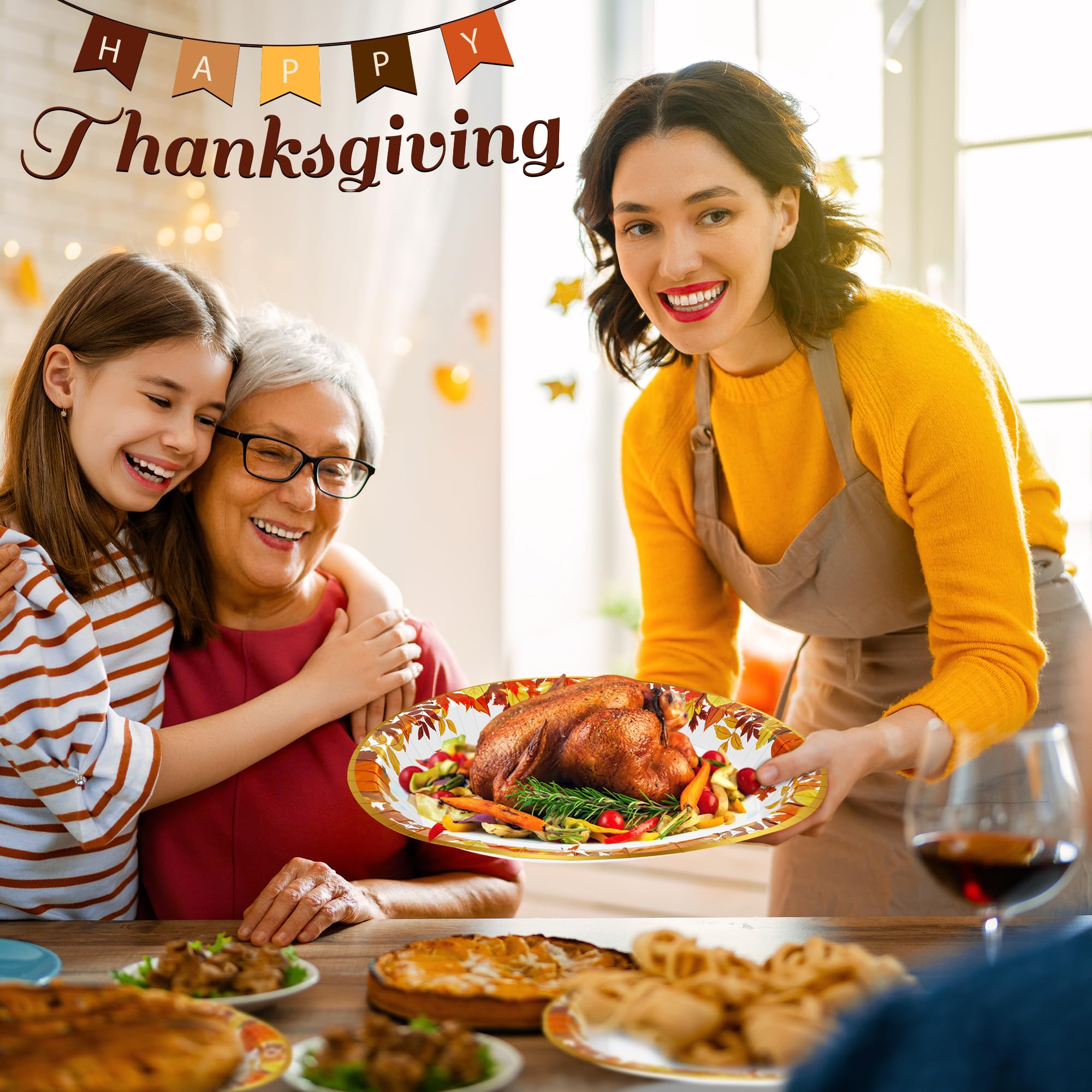 50 Pcs Thanksgiving Plates, 12.2    10.2 Inches Thanksgiving Oval Plates, Foil Gold Border Heavy Duty Fall Tableware, Disposable