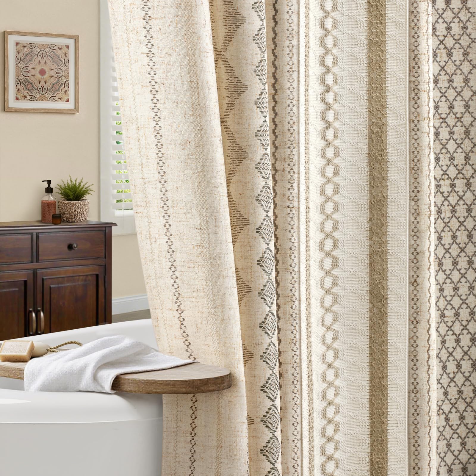 Nddycu Boho Linen Shower Curtain For Bathroom,With Striped Print And Twine-Inspired Woven Center,Extra Long 72 W X 96 L,Beige