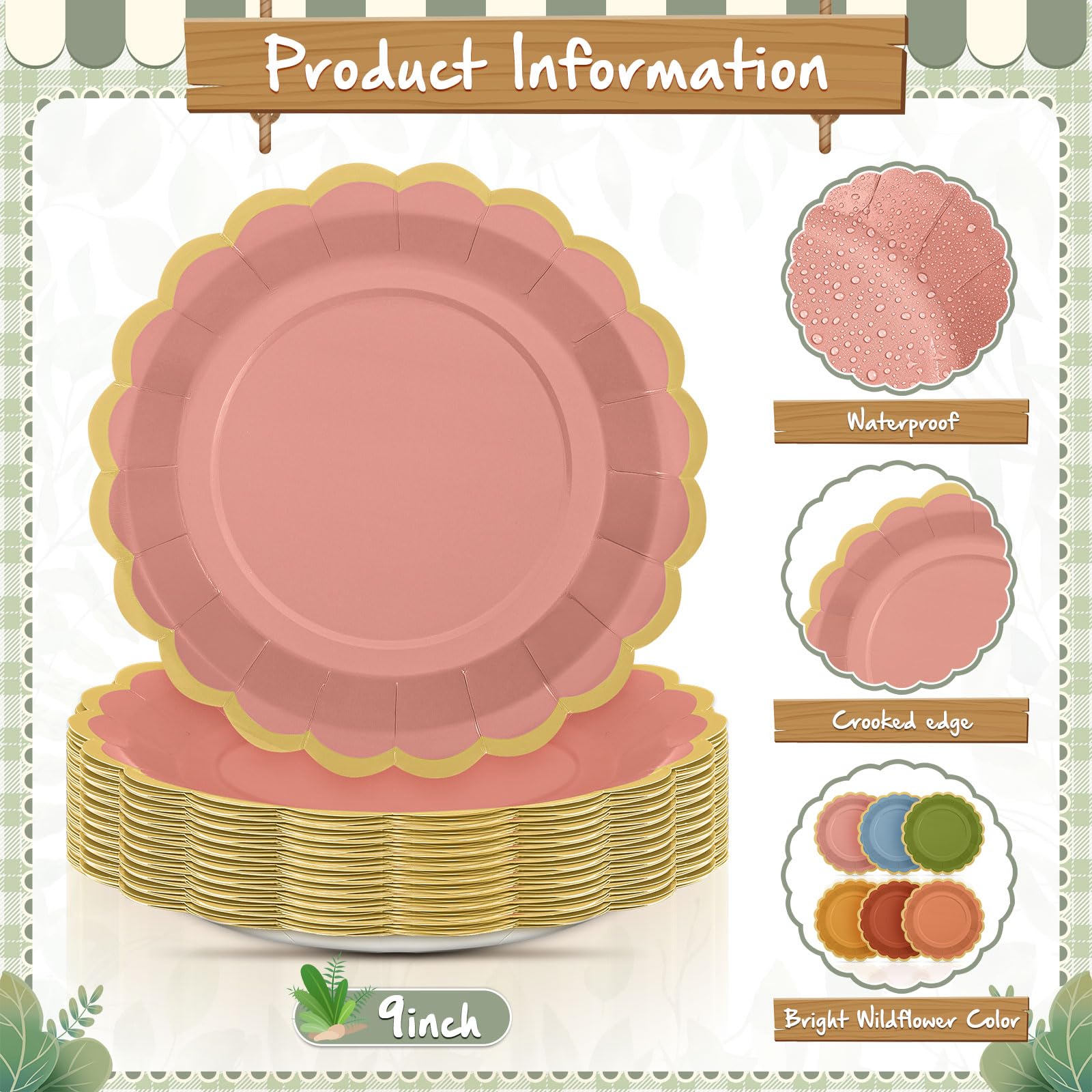 Tiangrid 48 Pcs Fall Wildflower Color Paper Plates 9 Inch Colorful Boho Scalloped Paper Disposable Dinner Dessert Plates for Aut