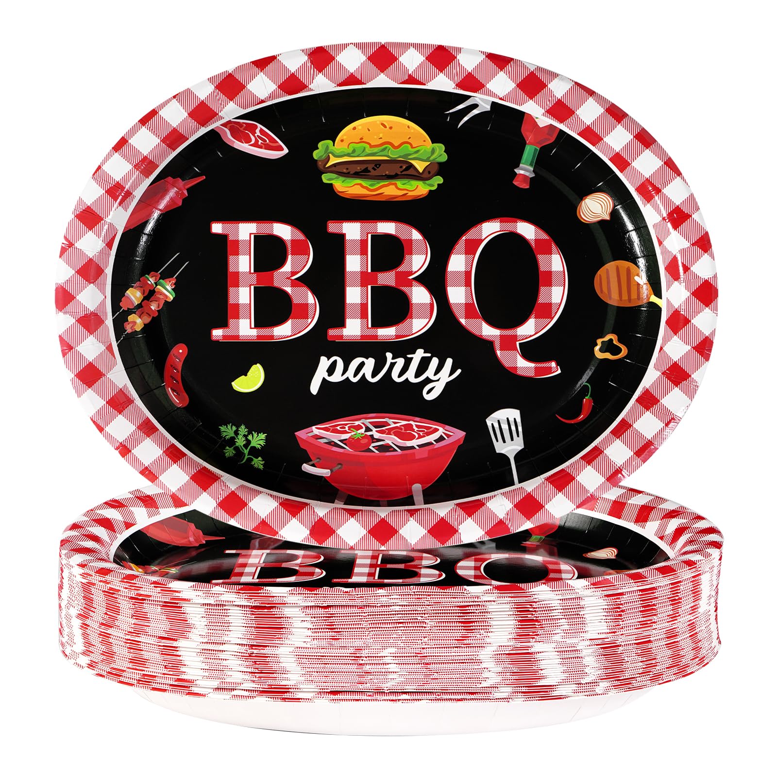 Grencian 50 Pcs BBQ Birthday Party Supplies 10    12 Large Red Gingham and Black BBQ Oval Paper Plates Disposable Heavy Duty BBQ