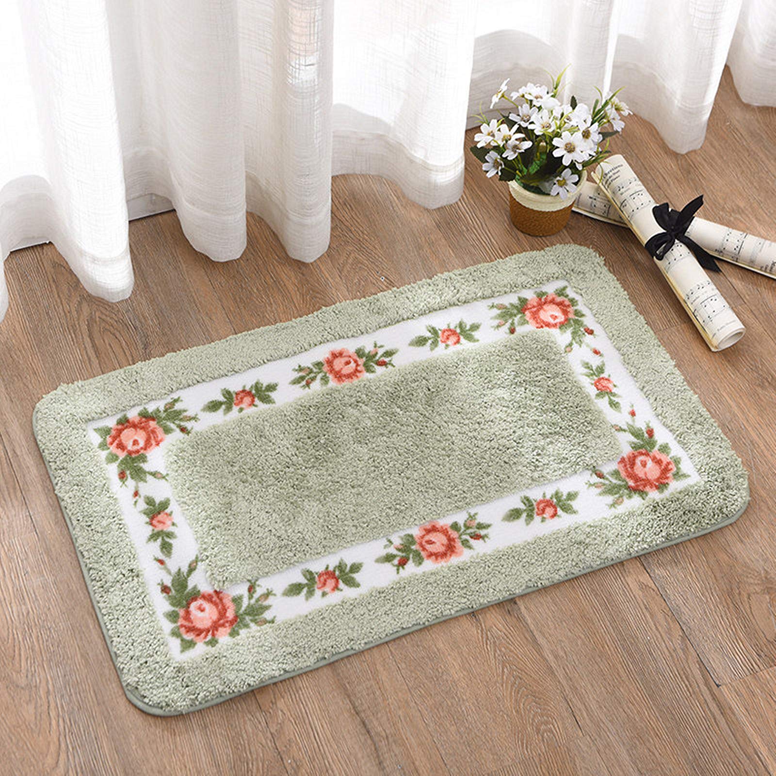 UKELER Bath Rug Soft Shag Floral Rose Bathroom Rugs Washable Non-Slip Bath Mat for Home and Hotel  29.5''x17.7''  Green