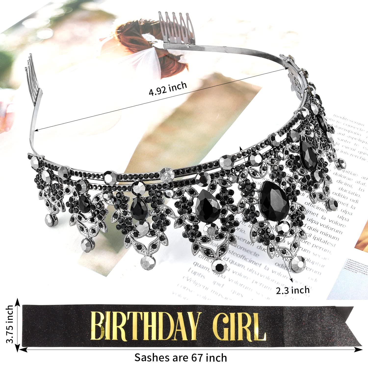 Didder Black Birthday Girl Sash & Crystal Crown Set, Birthday Crown Birthday Tiara For Women Birthday Crowns For Women Girls Bir
