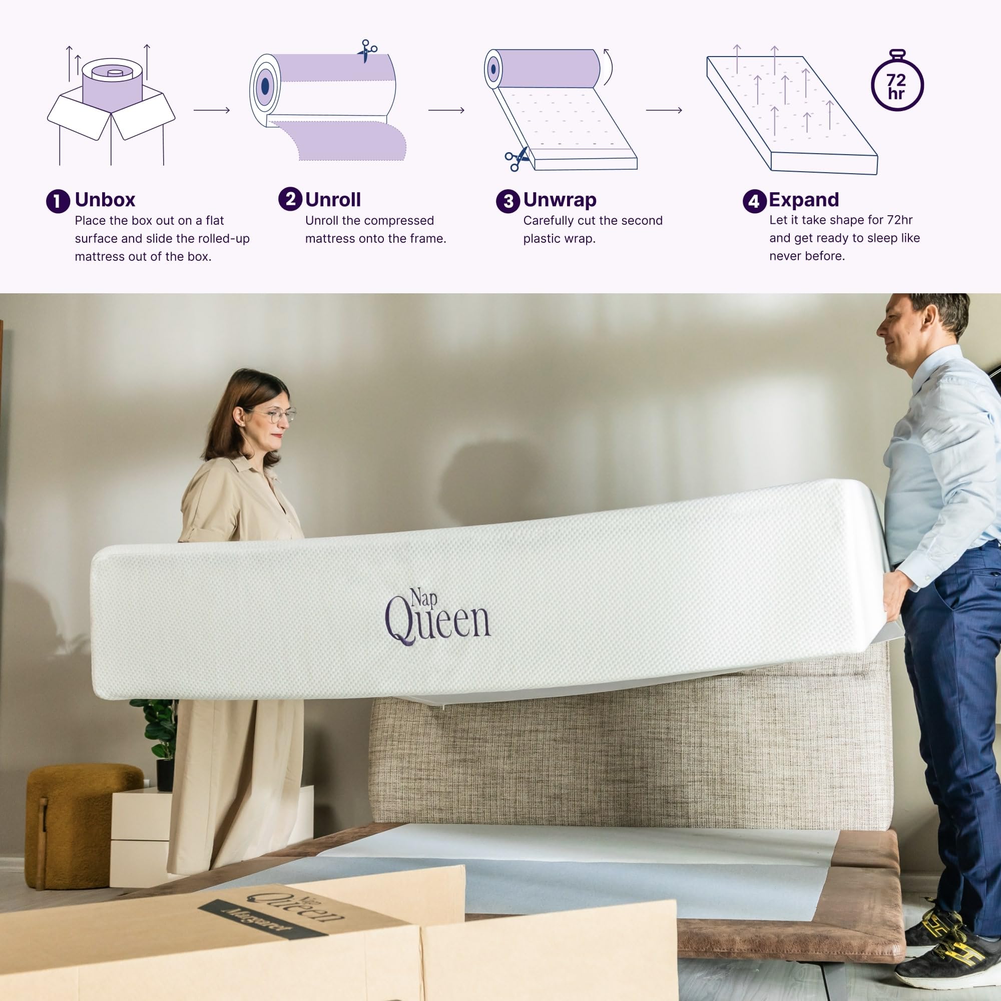 Napqueen 12 Inch Queen Size Mattress, Bamboo Charcoal Memory Foam Mattress, Bed In A Box,White