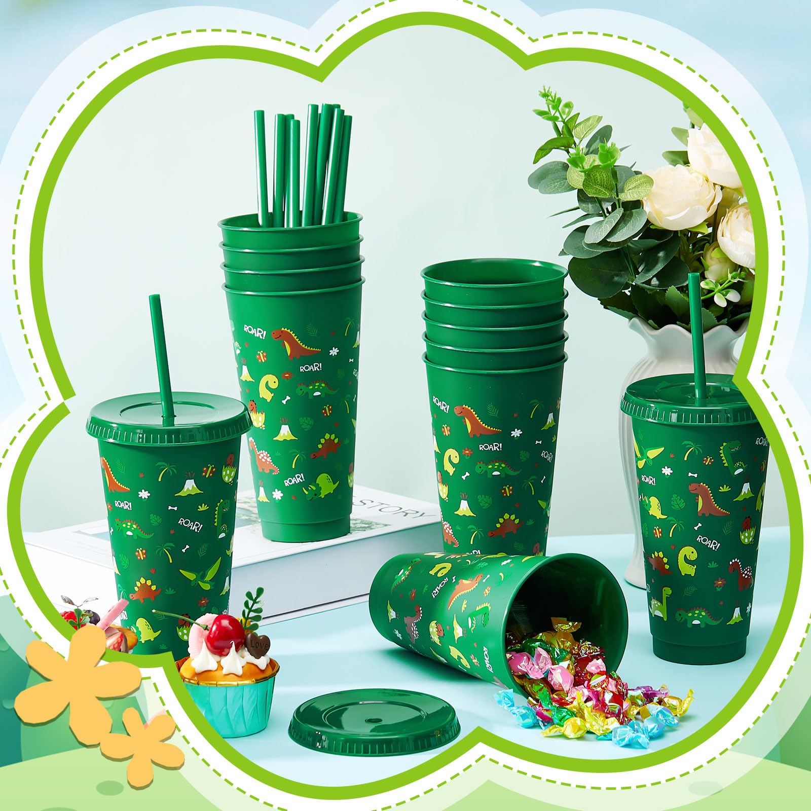 Uiifan 24 Pcs Plastic Dinosaur Cups for Kids 24oz Reusable Dino Tumbler with Lid and Straw Dino Party Favors Drinking Cups for K