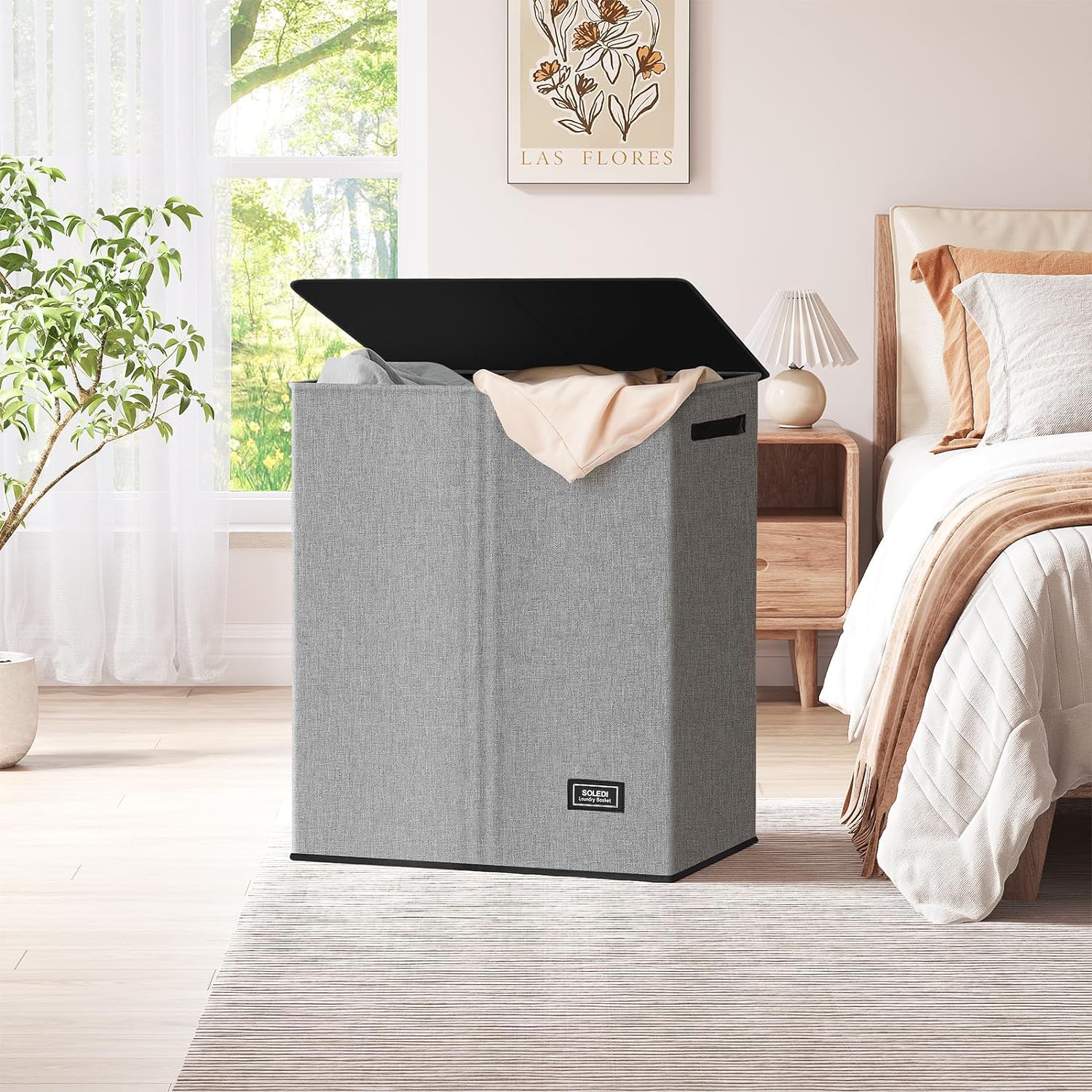 SOLEDI Double Laundry Hamper with Lid and Handle  Laundry Basket 2 Section with Removable bag  Collapsible Dirty Clothes Hampers for Laundry  Bedroom  Dorm  College