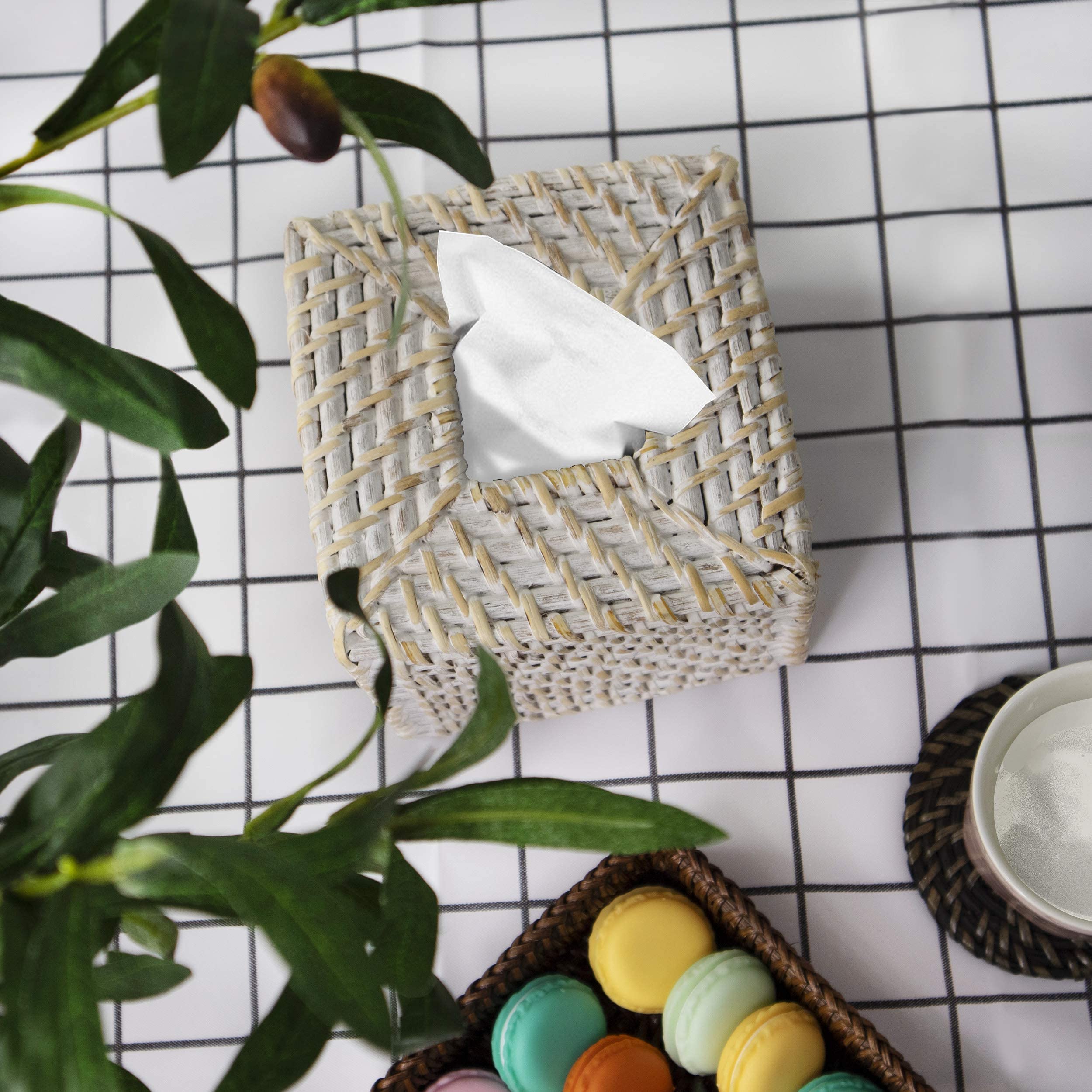 Woven Rattan Square Tissue Box Holder For Kitchen, Bathroom, Car | Decorative Wicker Refillable Facial Paper Napkin Dispenser Ho