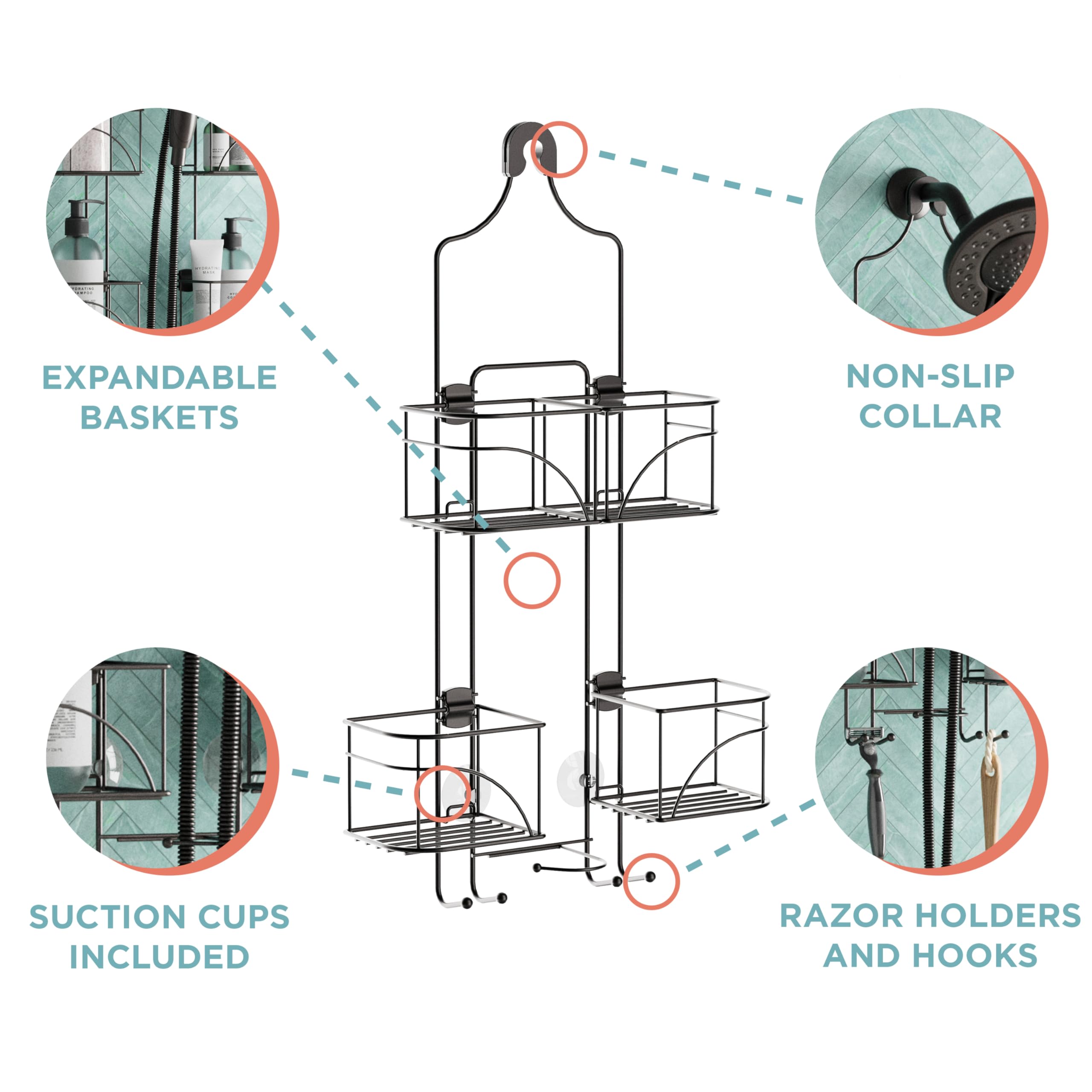 Zenna Home Shower Caddy - Bronze Steel Organizer with 4 Baskets & Hooks, Model E7446HB, Fits Handheld Shower Heads
