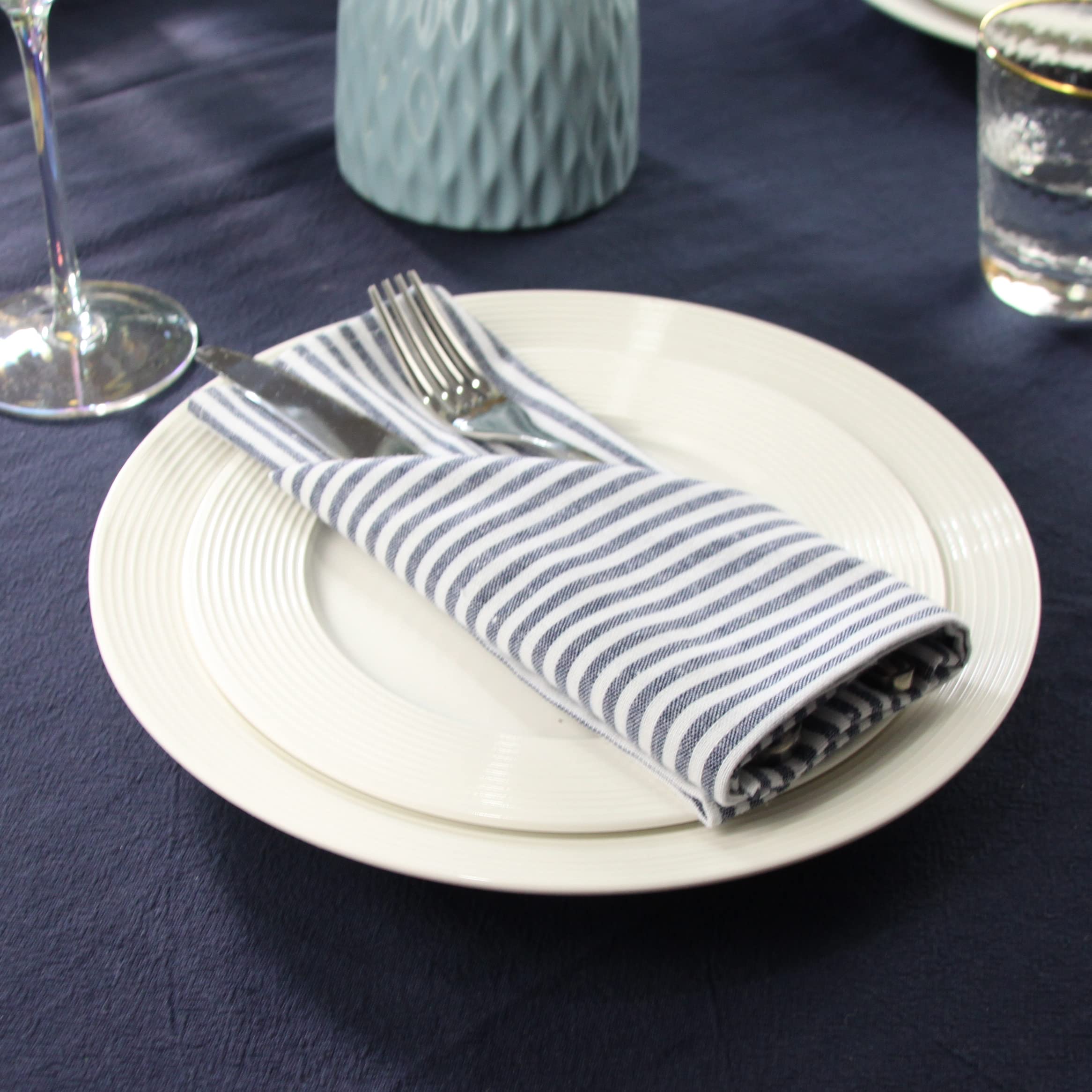 Infei Plain Striped Cotton Linen Blended Dinner Cloth Napkins - Set Of 12 (17 X 17 Inches) - For Events & Home Use (Navy)