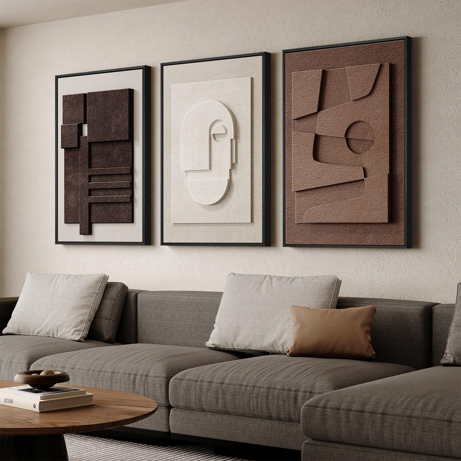 Large 3D Textured Framed Neutral Abstract Wall Art For Living Room, 3 Piece Modern Artwork For Walls, Minimalist White And Brown