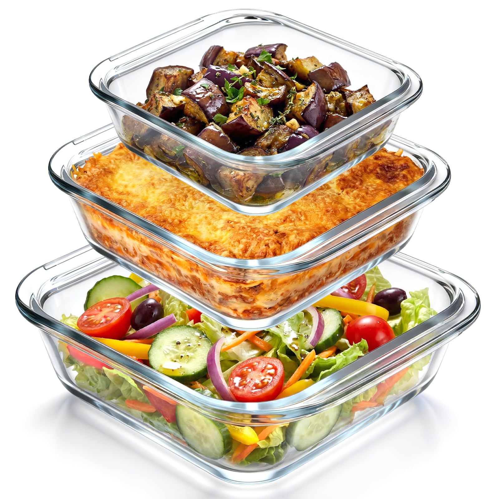 Domensi 3 Pcs 8x8 & 7x7 & 6x6 in Square Glass Baking Dish Set Deep Baking Pan Stackable Bakeware with Handles Oven Dishwasher an