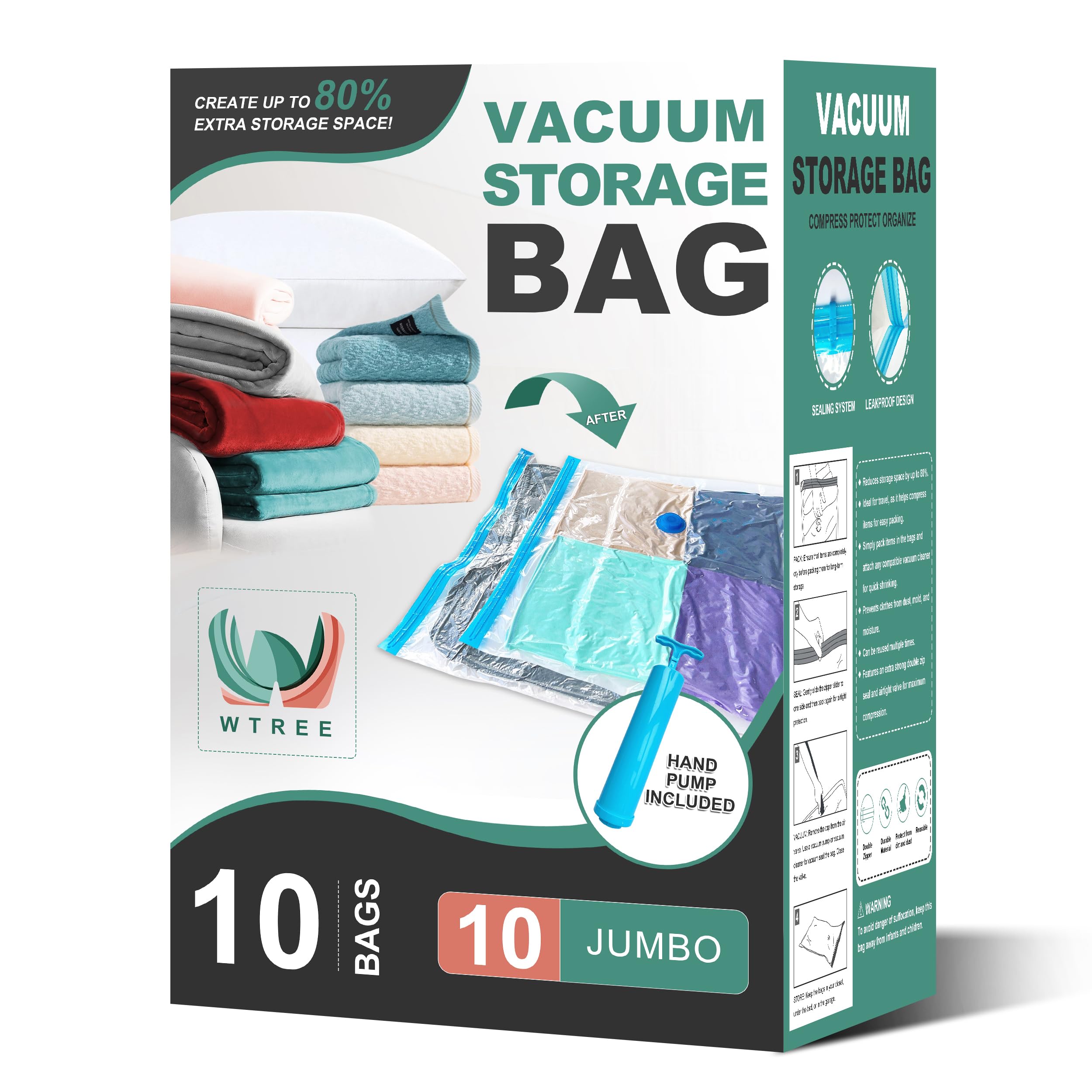 Wtree Vacuum Storage Bags, Space Saver Bags, Vacuum Sealed Bags For Comforters, Blankets, Clothes Storage, Hand Pump Included, 1