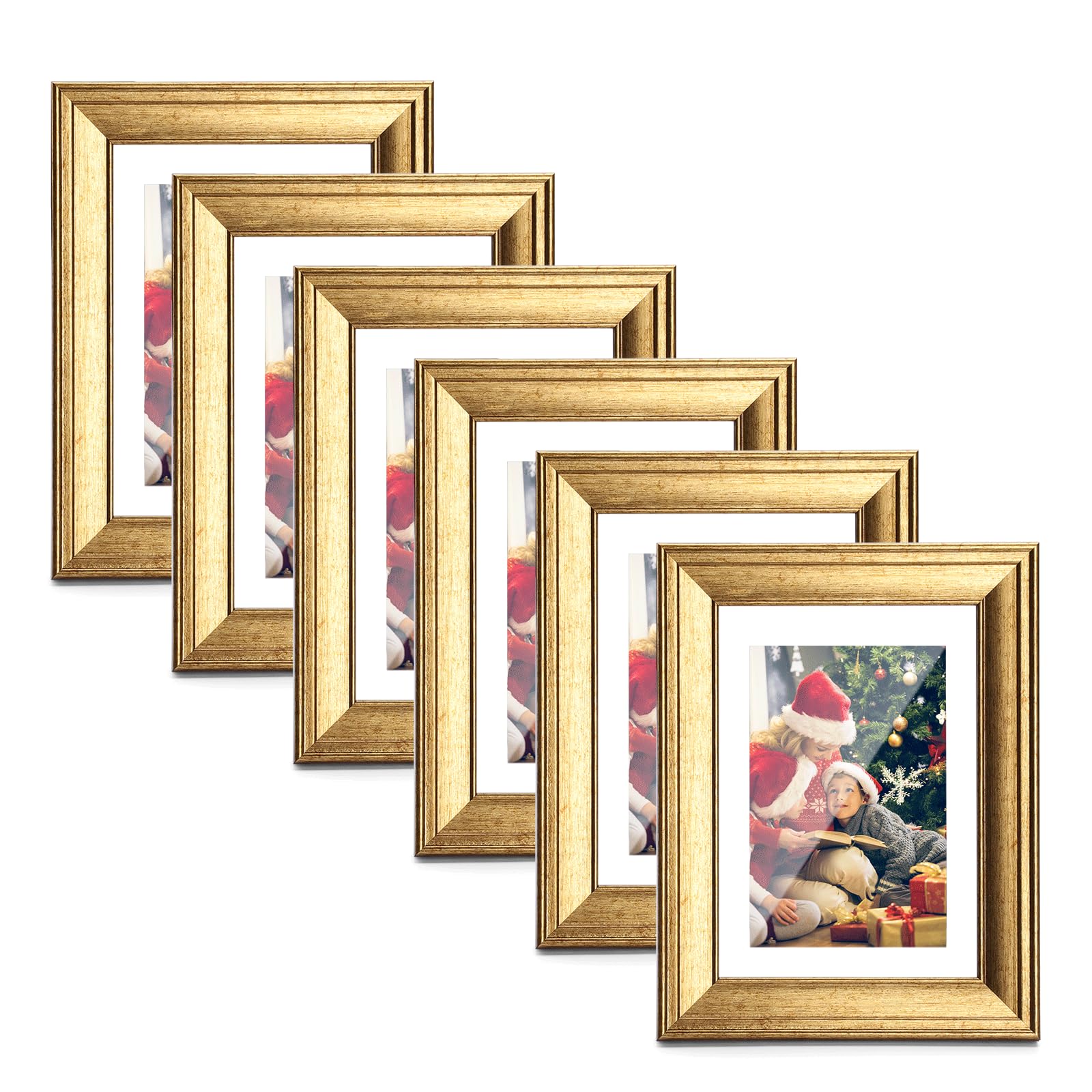 TWING 4x6 Gold Picture Frames Set of 6, Gold Frames Display Pictures 3x5 with Mat or 4x6 Without Mat, Tabletop Display and Wall 