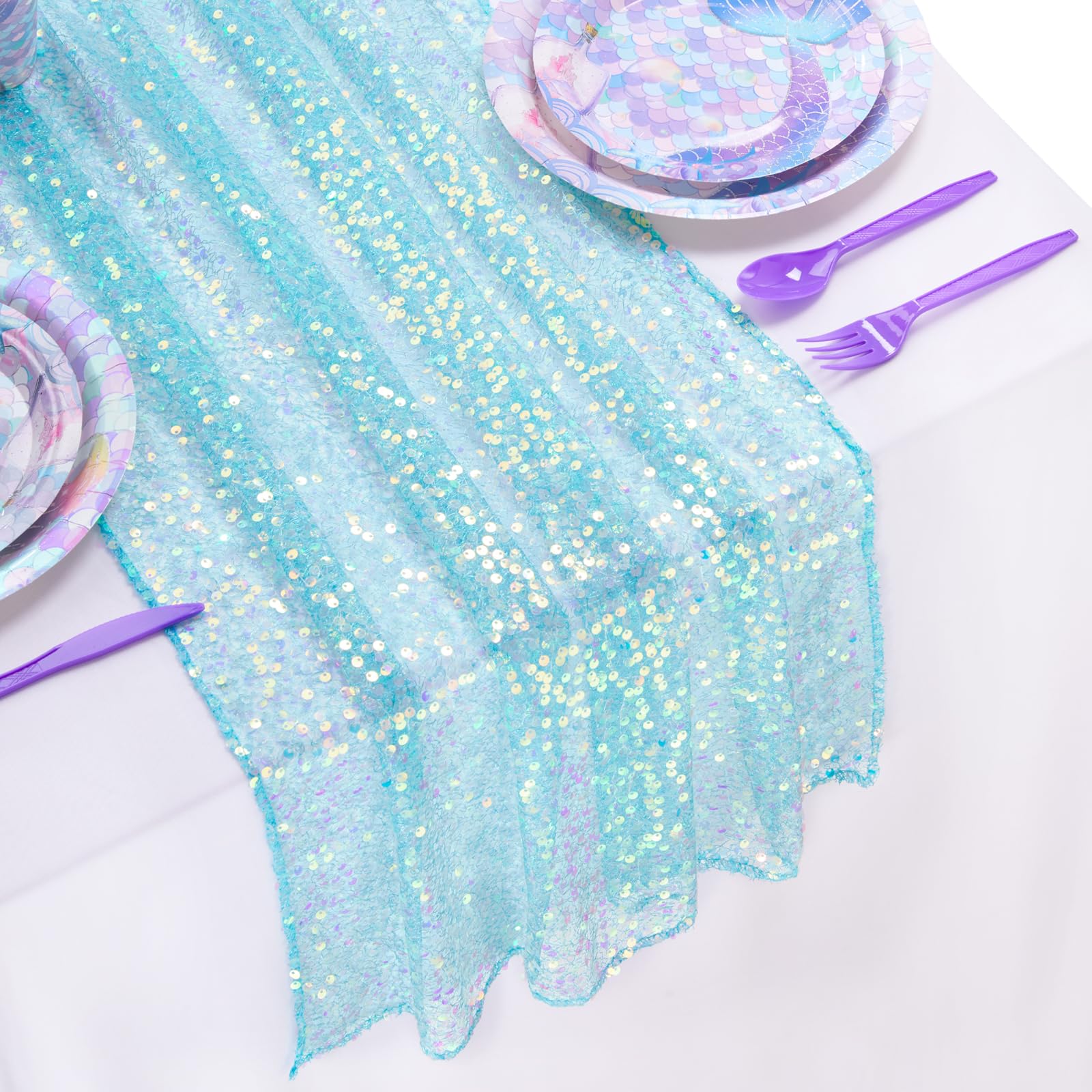 Mermaid Coral Green Table Runner Glitter Birthday Decorations 25x120 Inches Iridescent Sequin Fabric for Summer Ocean Party Deco