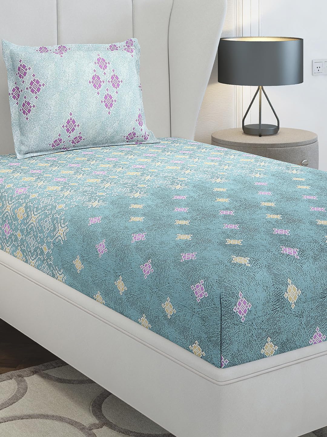 Monte Carlo Sea Green Printed Single 144 Tc 1 Bedsheet With 1 Pillow Cover 13