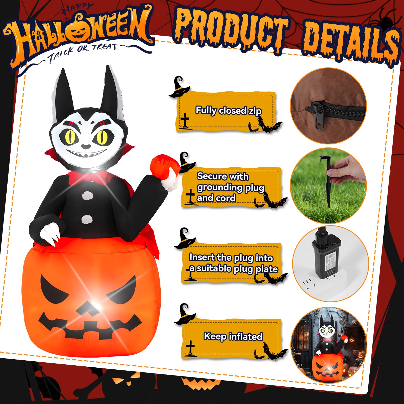 Halloween Inflatable, SHDEJTG 6FT Pumpkin Cat Inflatable Decoration with LED Lights Built-in for Outdoor, Holiday, Party, Yard,