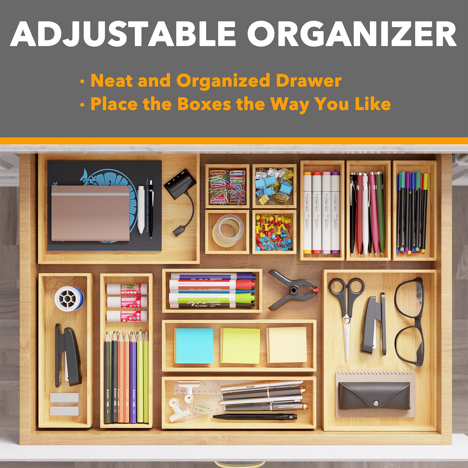SpaceAid 14-Piece Bamboo Drawer Organizer Storage Boxes Set, Wood Tray Junk Drawer Organizers Multi-Use Divider Bins for Kitchen